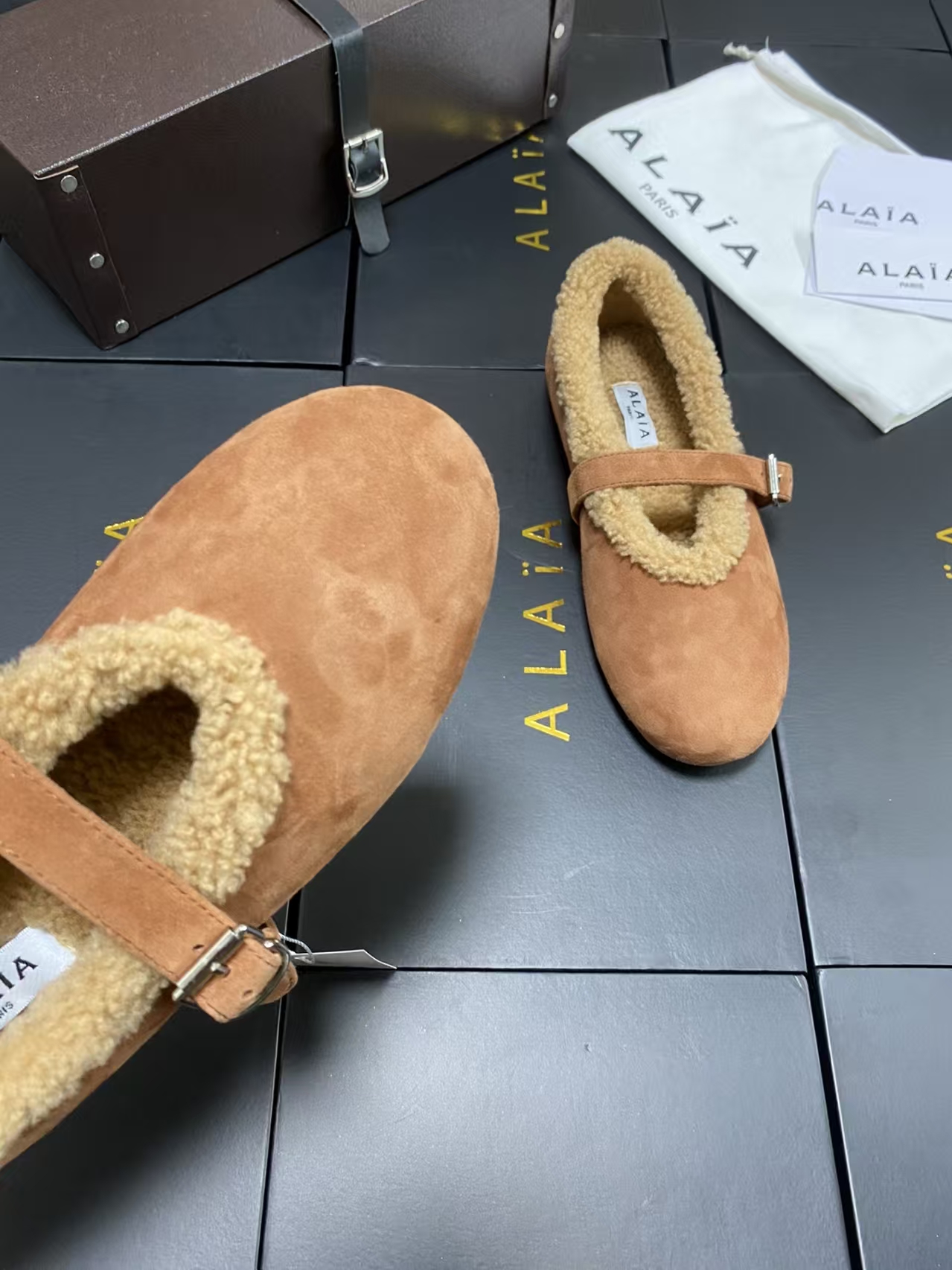 Alaïa Fall Winter New Arrival Wool Mary Jane Ballet Flats | Buckled Leather-Trimmed Slip-Ons