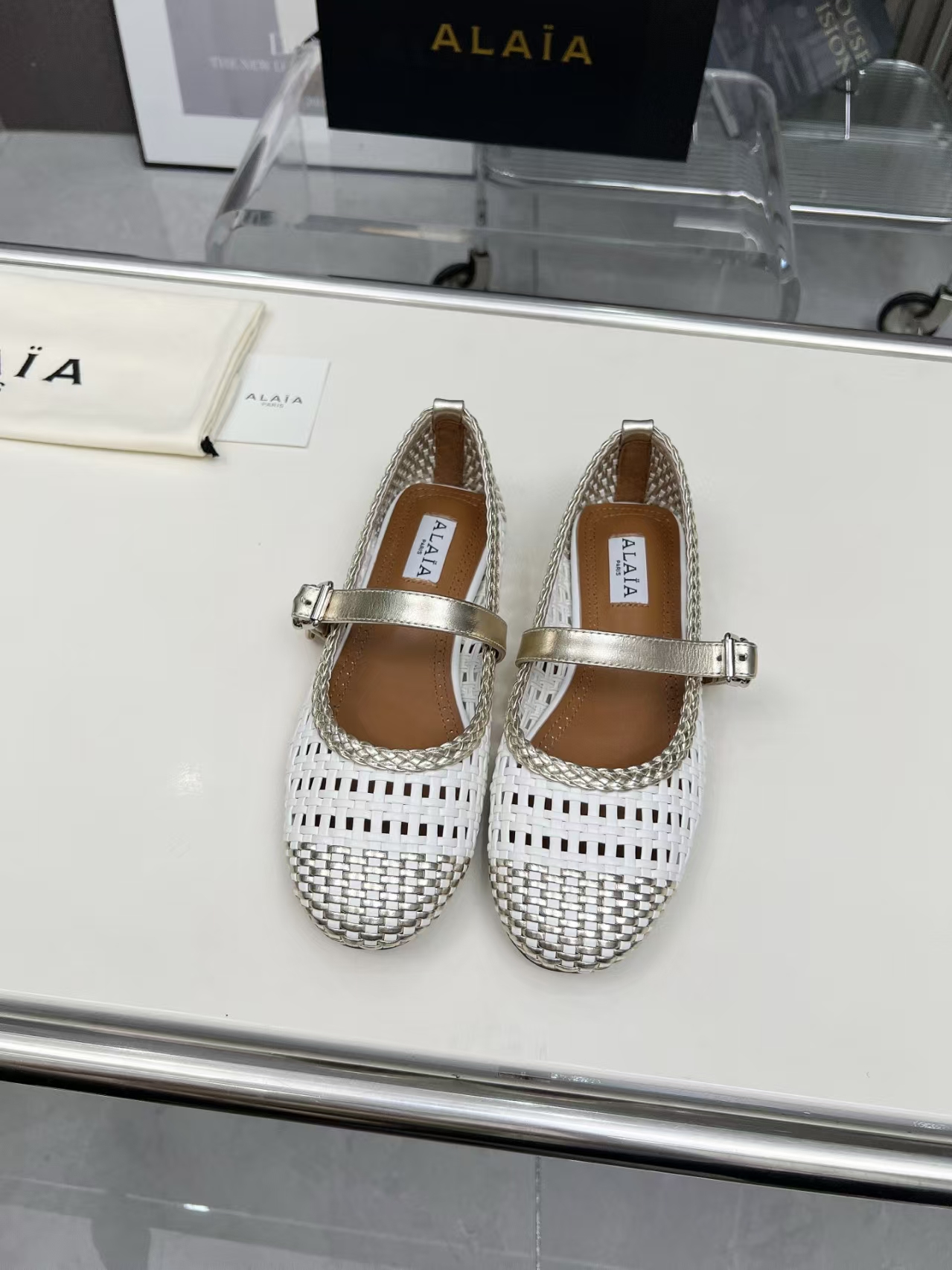 Alaïa New Arrival White & Silver Metallic Woven Leather Flats | Women's Cut-Out Slip-On Shoes