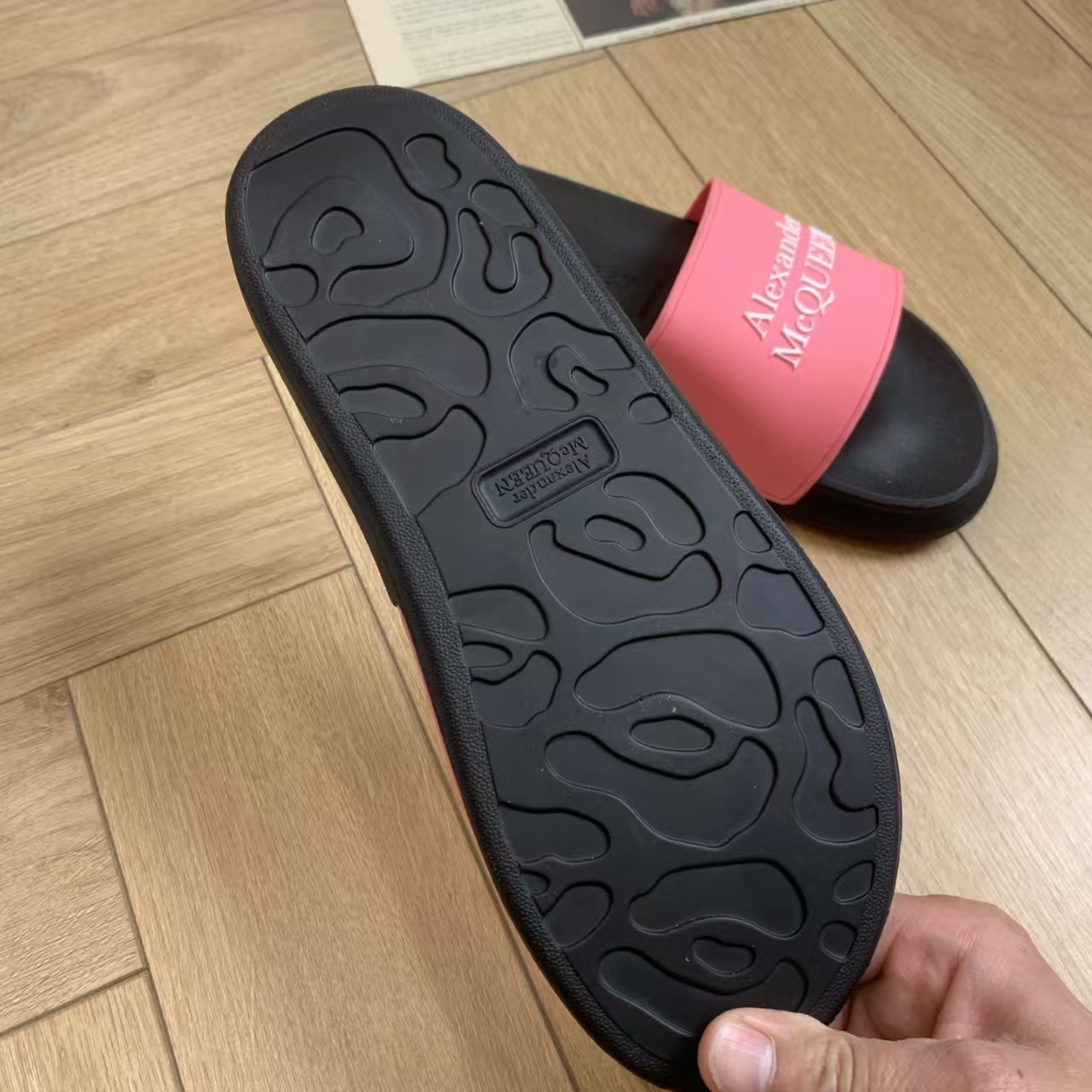 Alexander McQueen Black & Pink Slide Sandal | Embellished Logo Slipper