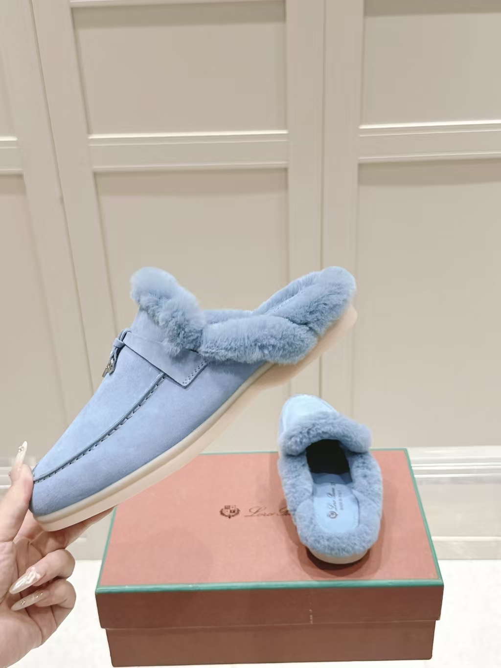 Loro Piana Shearling Loafer Mule in Soft Sky | Airy Ease & Luxury