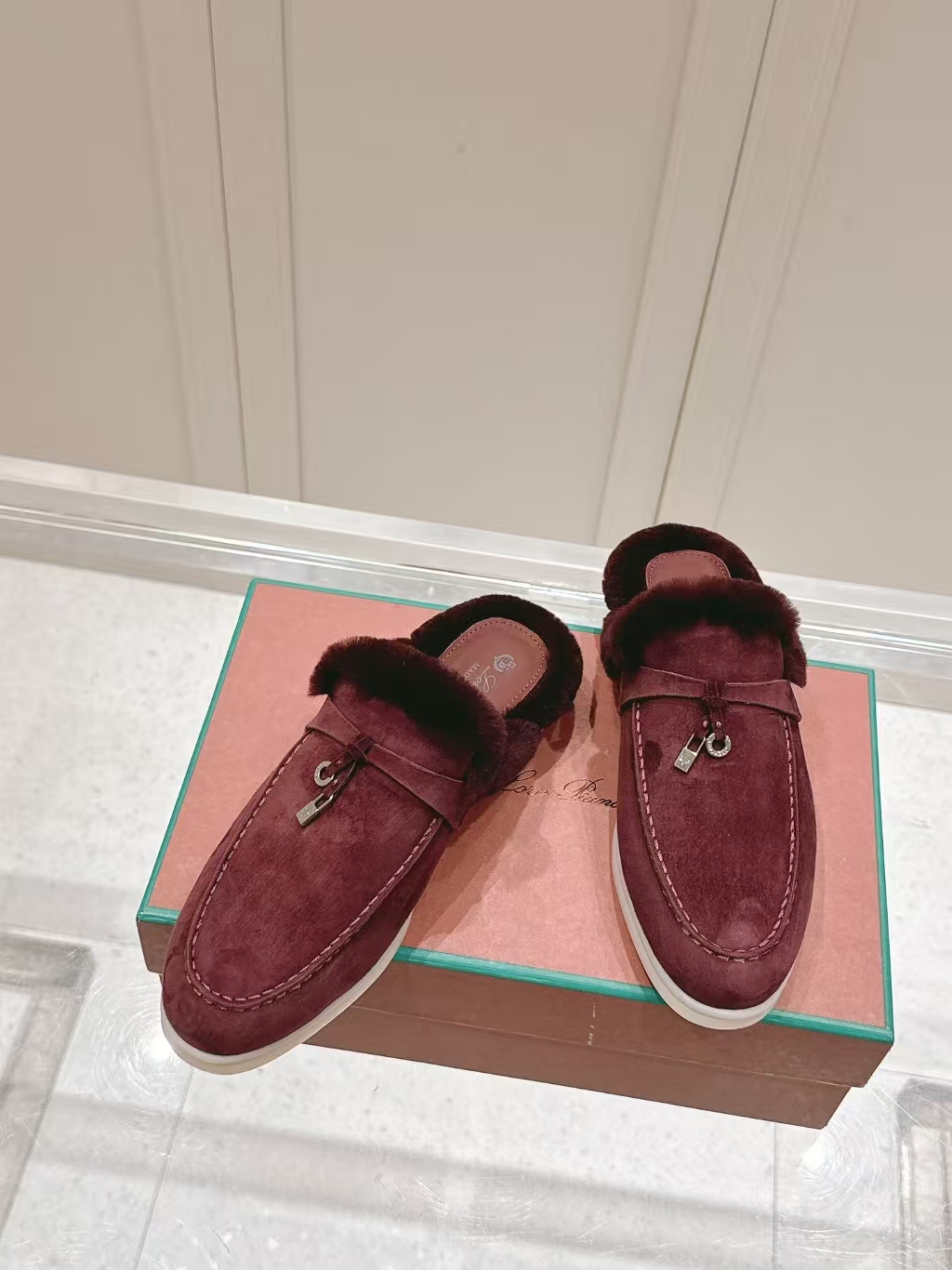 Loro Piana Burgundy Shearling Loafer Mule | Backless Velvet-Touch Slipper
