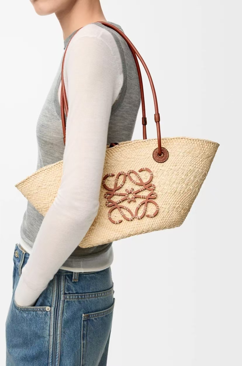 LOEWE Small Basket Bag - Woven Iraka Palm, Cowhide Trim, Natural/Tan