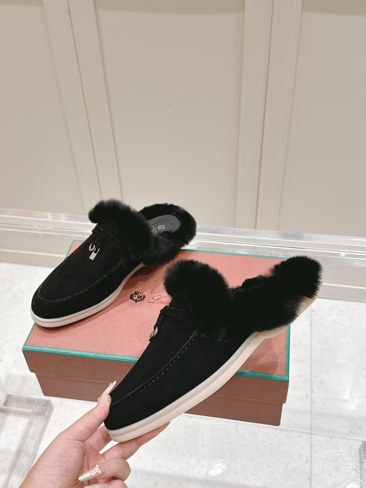 Loro Piana Black Shearling Loafer Mule | Backless Suede Slipper
