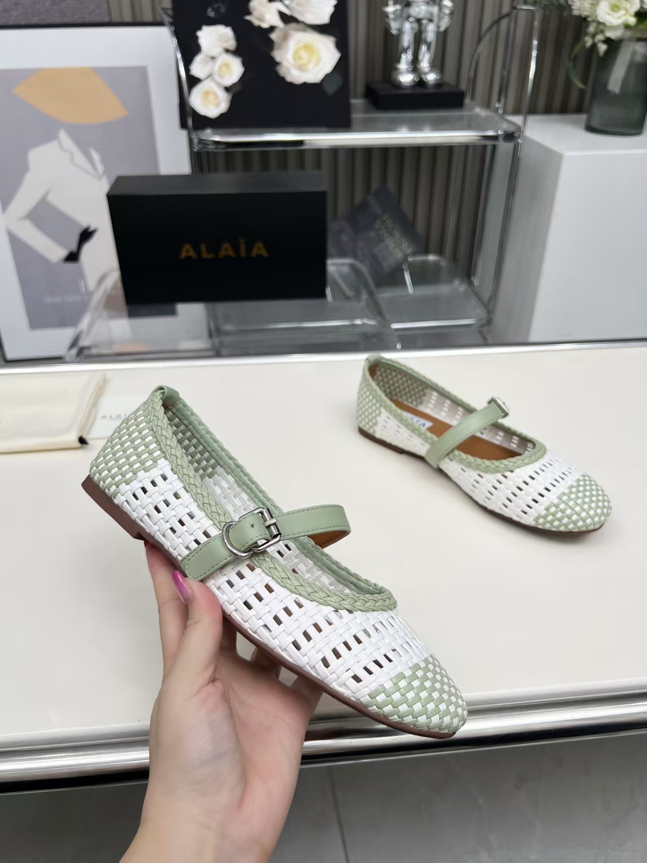 Alaïa New Arrival White & Seafoam Woven Leather Flats | Women's Cut-Out Slip-On Shoes