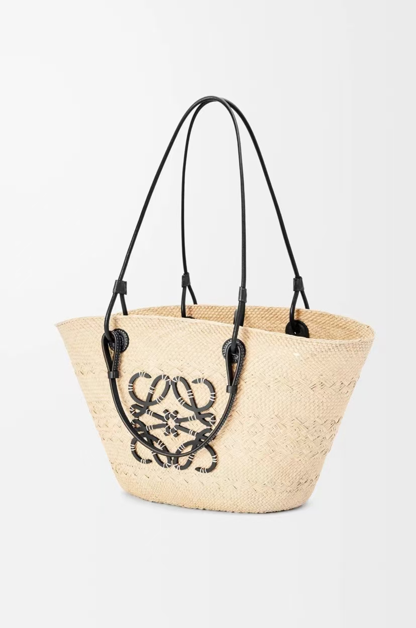 LOEWE Medium Basket Bag - Woven Iraka Palm Fibre, Calfskin Trim, Natural/Black