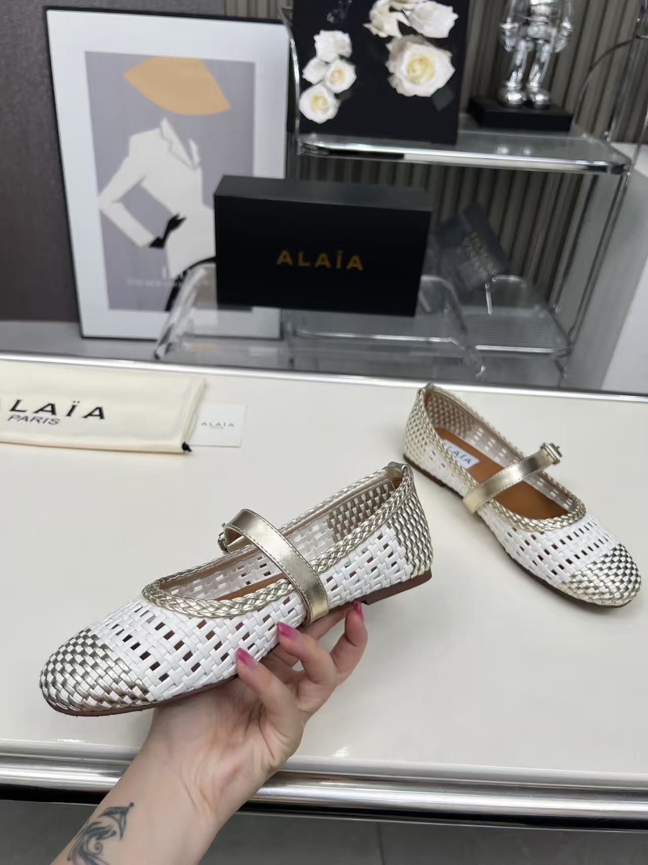 Alaïa New Arrival White & Silver Metallic Woven Leather Flats | Women's Cut-Out Slip-On Shoes