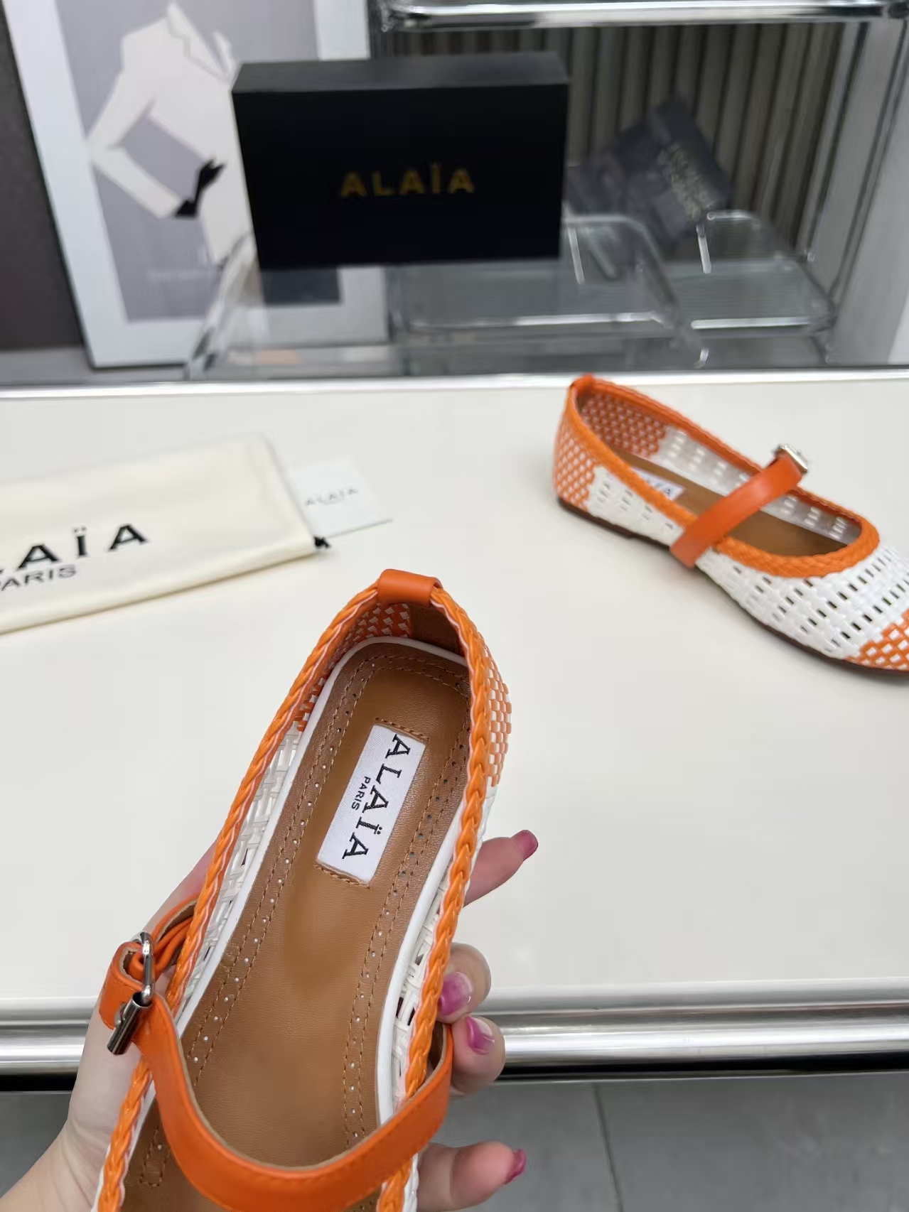 Alaïa New Arrival White & Tangerine Woven Leather Flats | Women's Cut-Out Slip-On Shoes