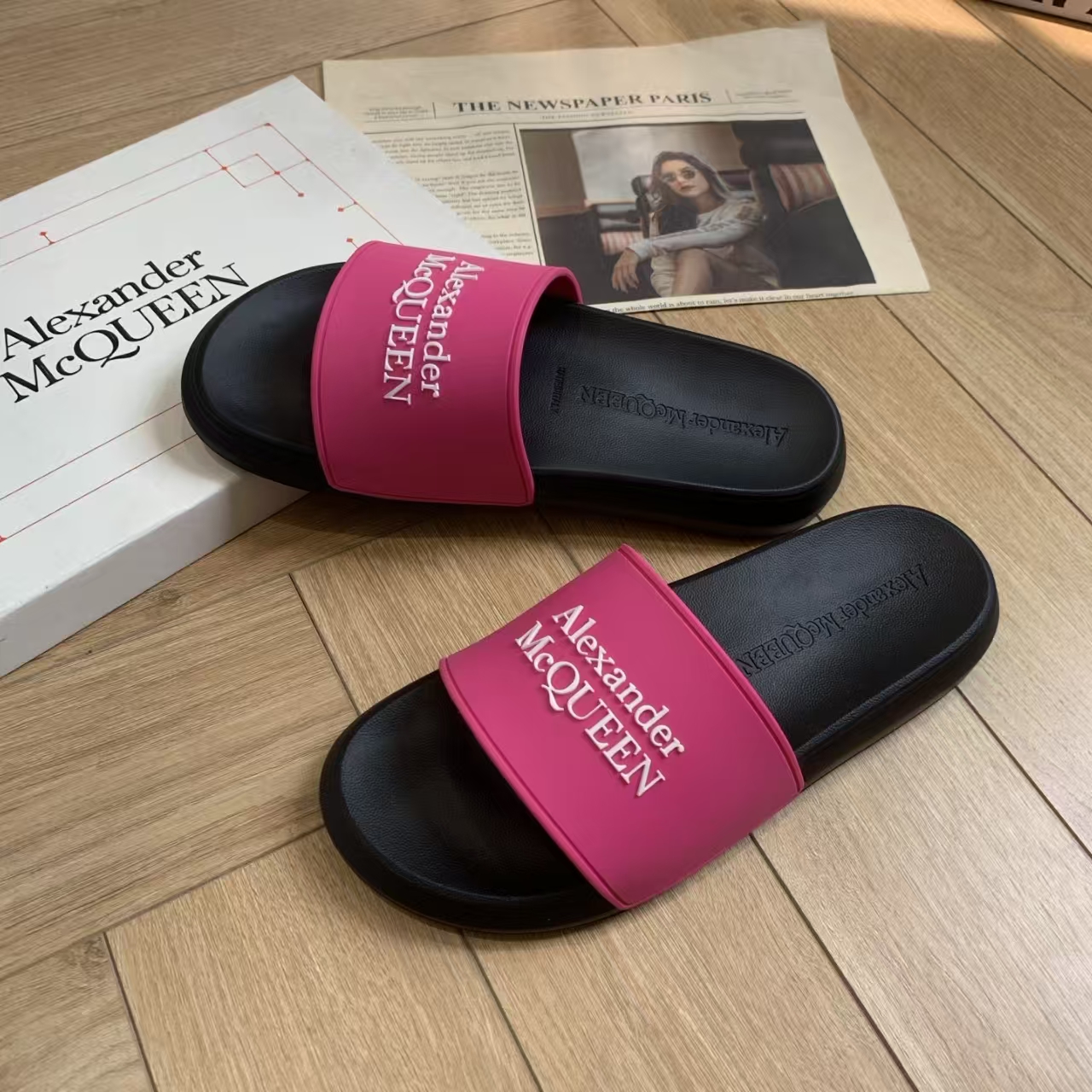 Alexander McQueen Black & Fuchsia Slide Sandal | Bold Logo Flip-Flop
