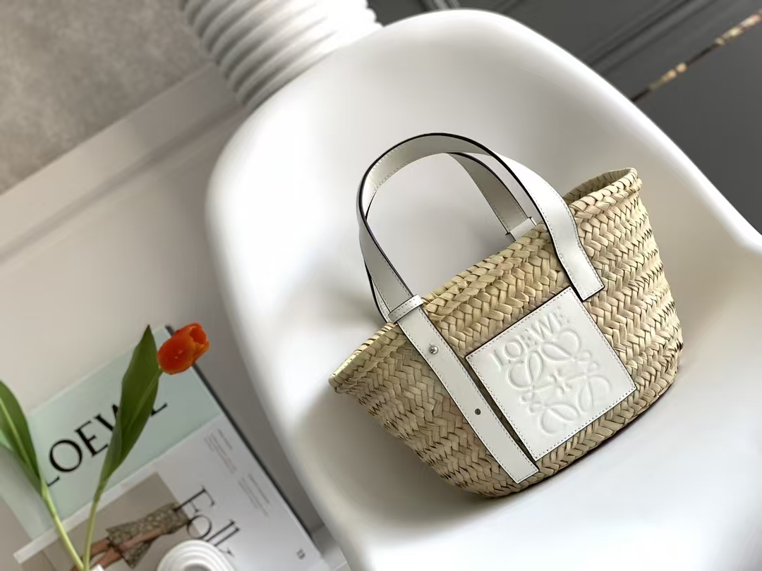 LOEWE Small Basket Bag - Woven Palm Leaf, Cowhide Trim, Natural/White