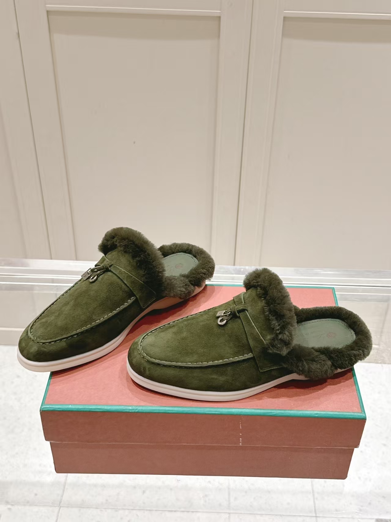 Loro Piana Dark Brown Shearling Loafer Mule | Backless Cashmere-Lined Slipper