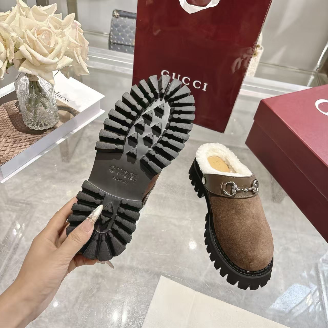 Gucci Horsebit Fall Winter New Arrival Women's Mocha Shearling Mule | Slip-On Slipper