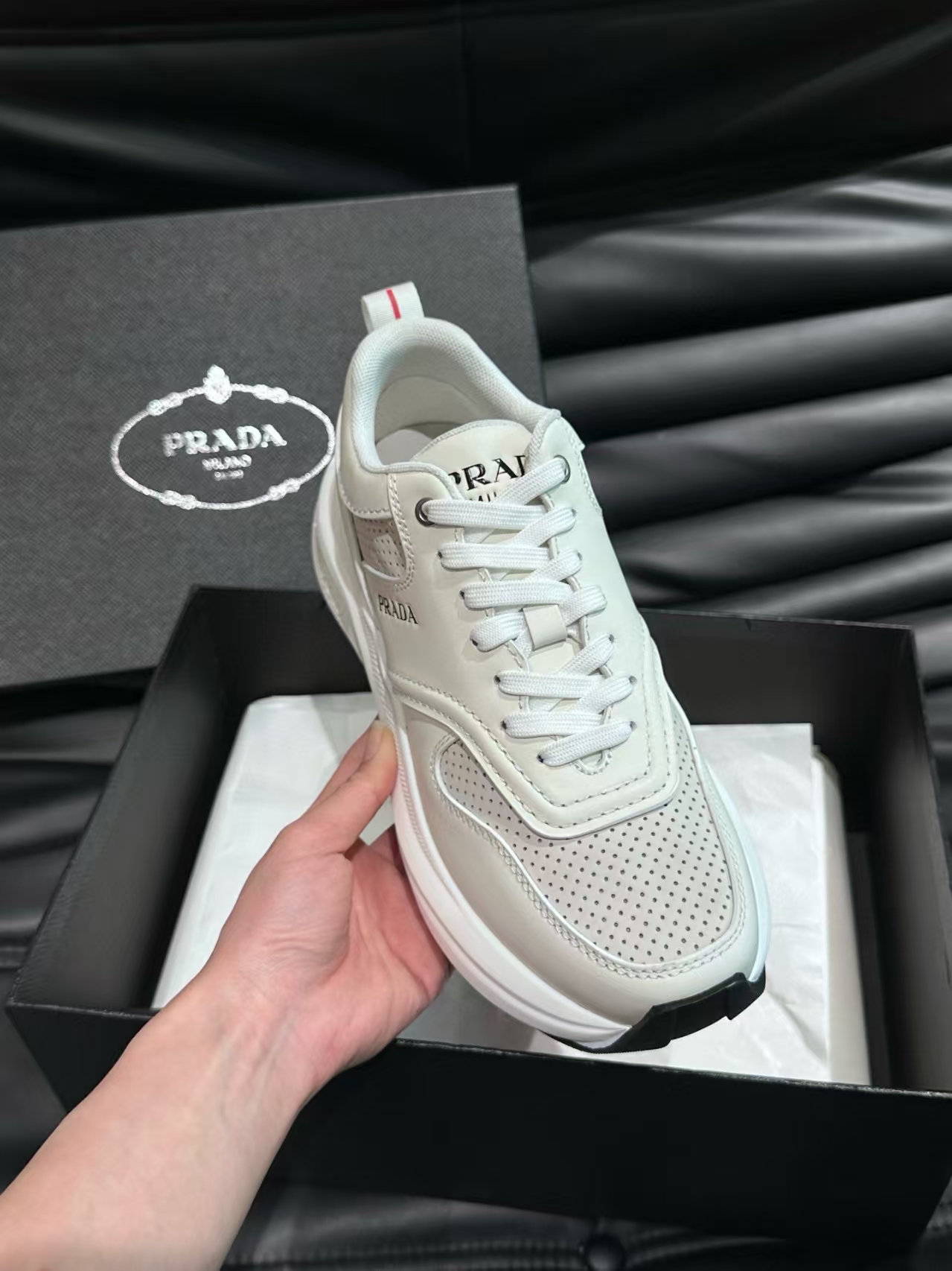 Prada Men's Beige Calfskin & Mesh Casual Sneaker | Perforated Leather Athletic Shoe