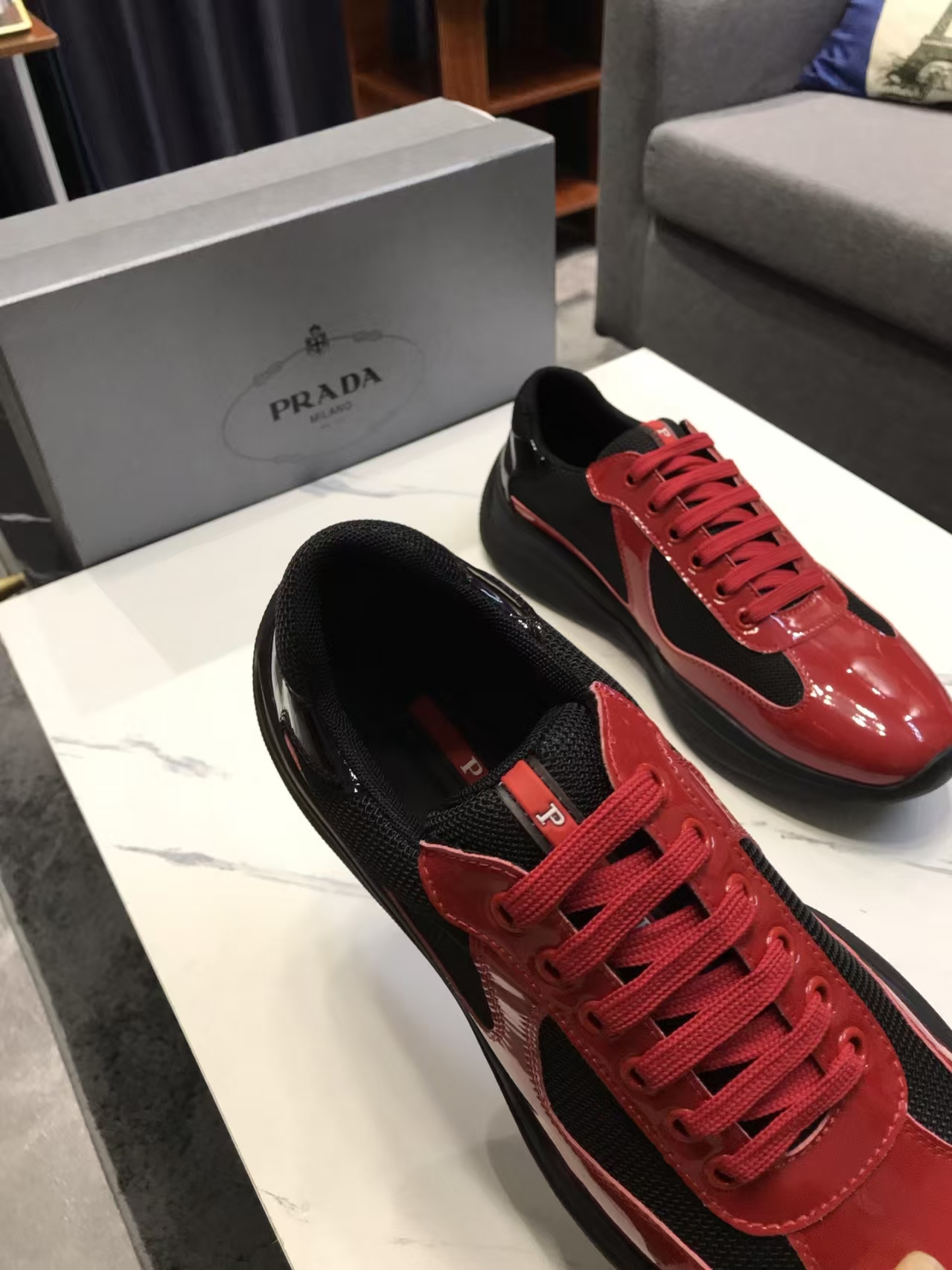 Prada Men's Black & Red Patent Leather & Mesh Sneaker | Bold Contrast Sport Shoe