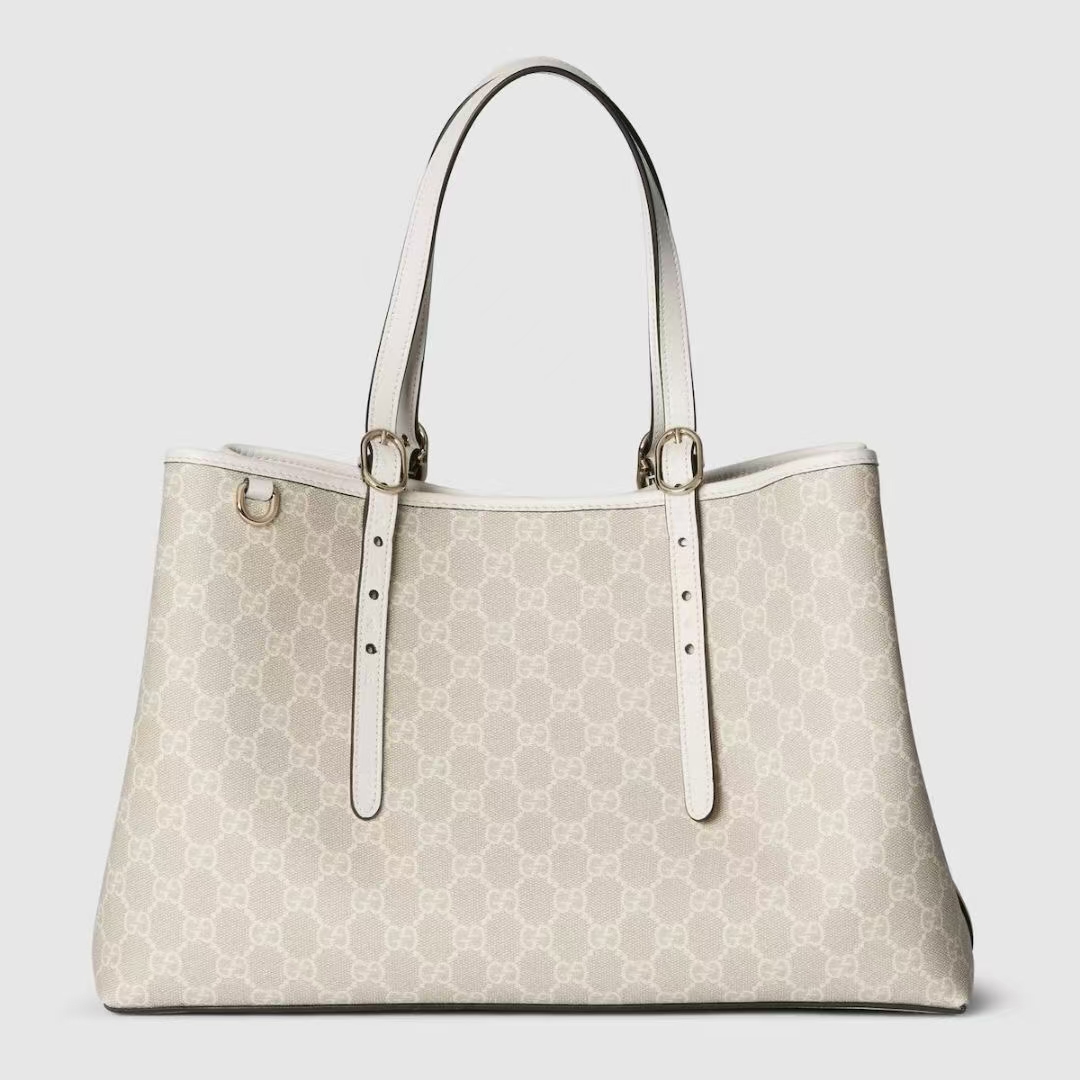 Gucci GG Emblem Large Tote Bag in Beige & White | Monogram Coated Fabric with Adjustable Handle