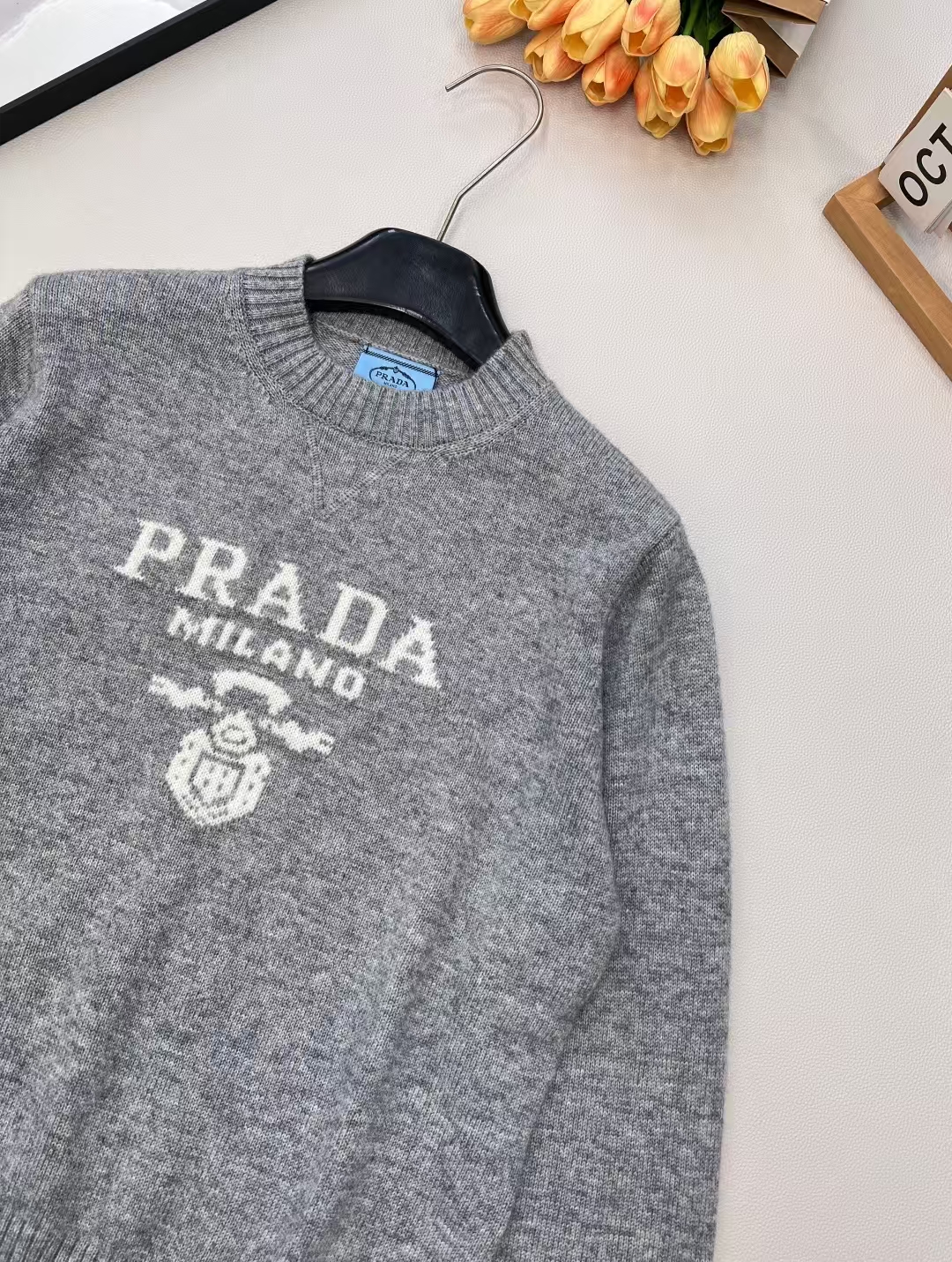 Prada Grey Cashmere & Wool Sweater | Intarsia Logo & Classic Men's Fit