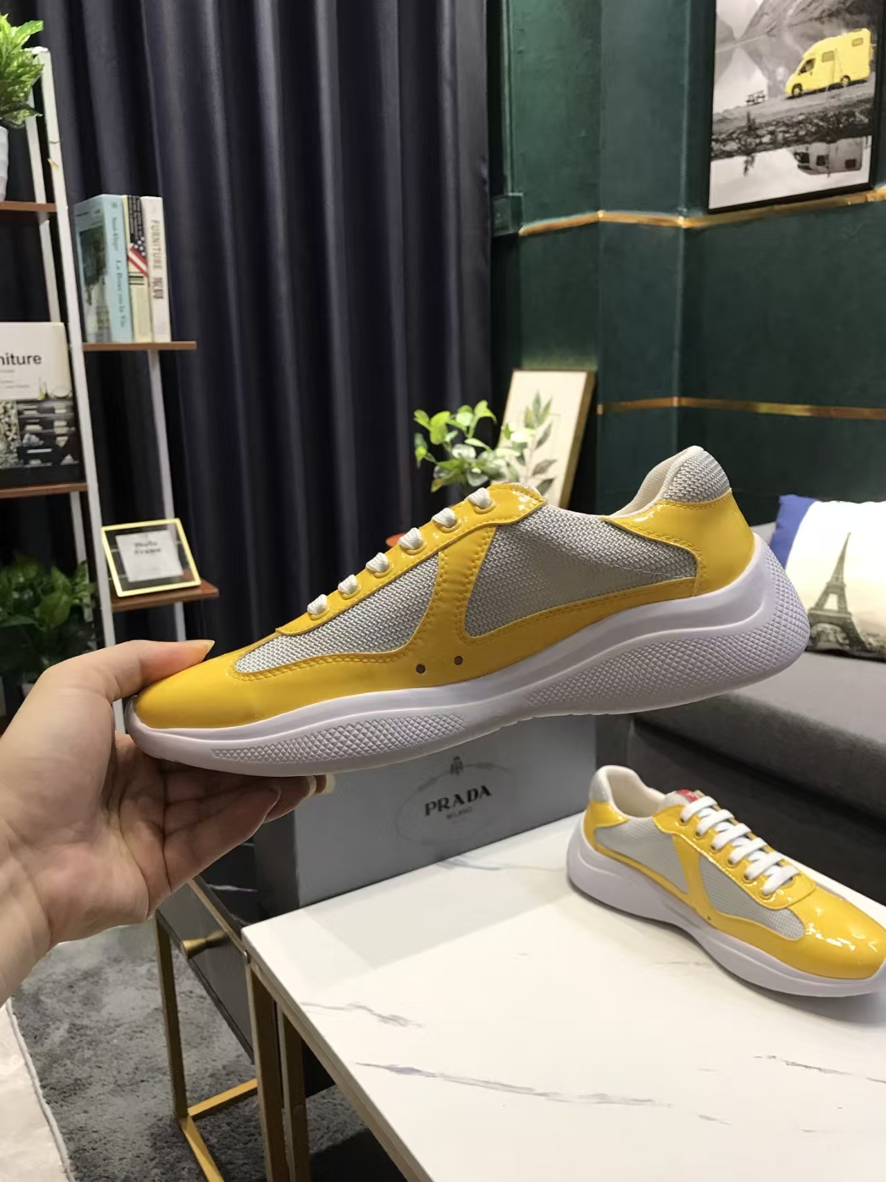 Prada Men's White & Yellow Patent Leather & Mesh Sneaker | Vibrant Sport Luxe Shoe