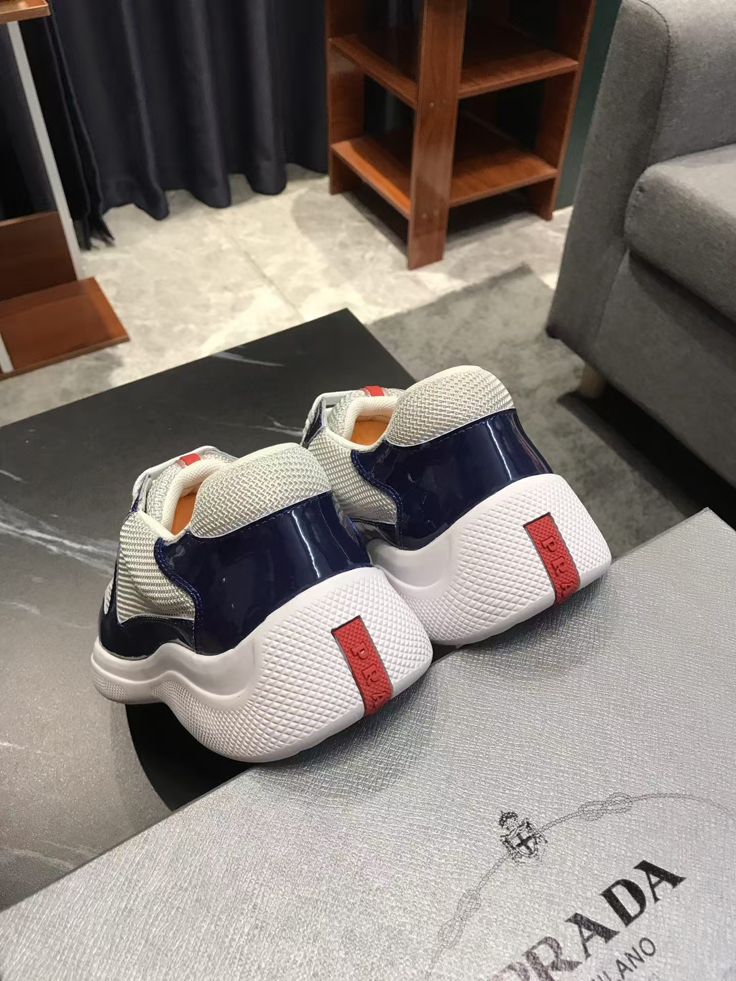 Prada Men's White & Blue Patent Leather & Mesh Sneaker | Sport Luxe Contrast Shoe