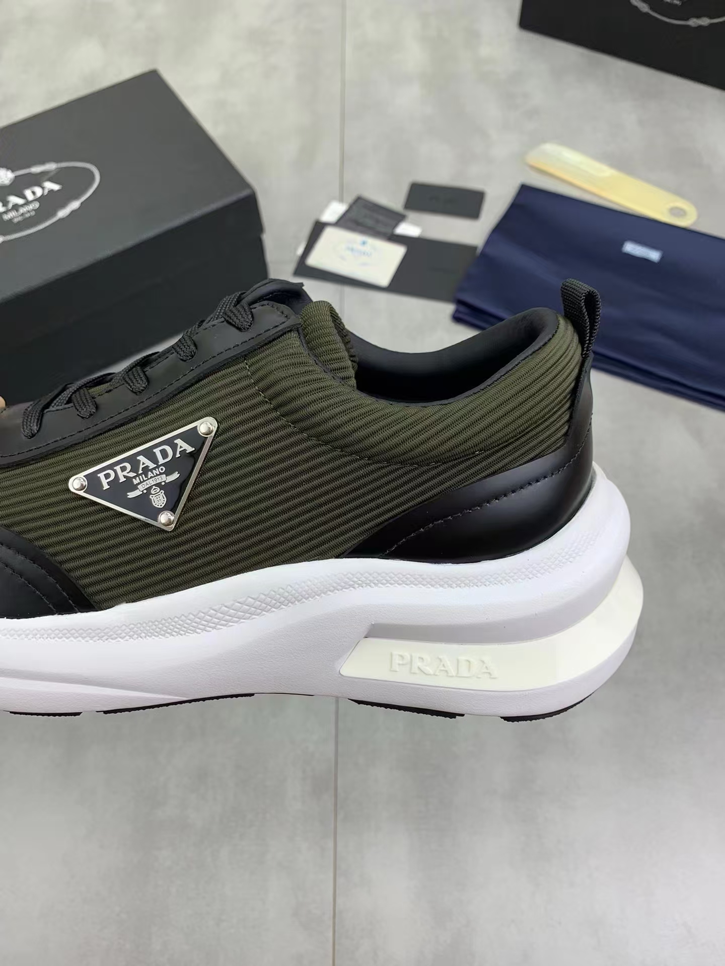 Prada New Arrival Men's White & Olive Leather Sneaker | Premium Casual Athletic Shoe
