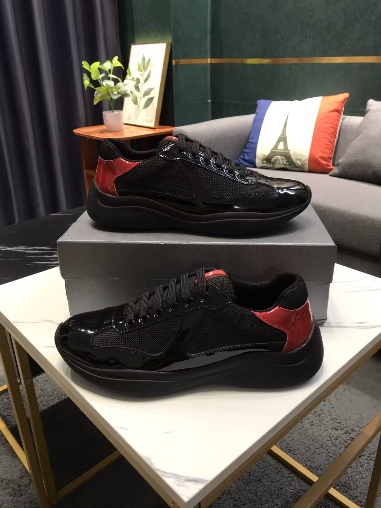 Prada Men's All-Black & Red Patent Leather & Mesh Sneaker | Bold Monochromatic Sport Shoe