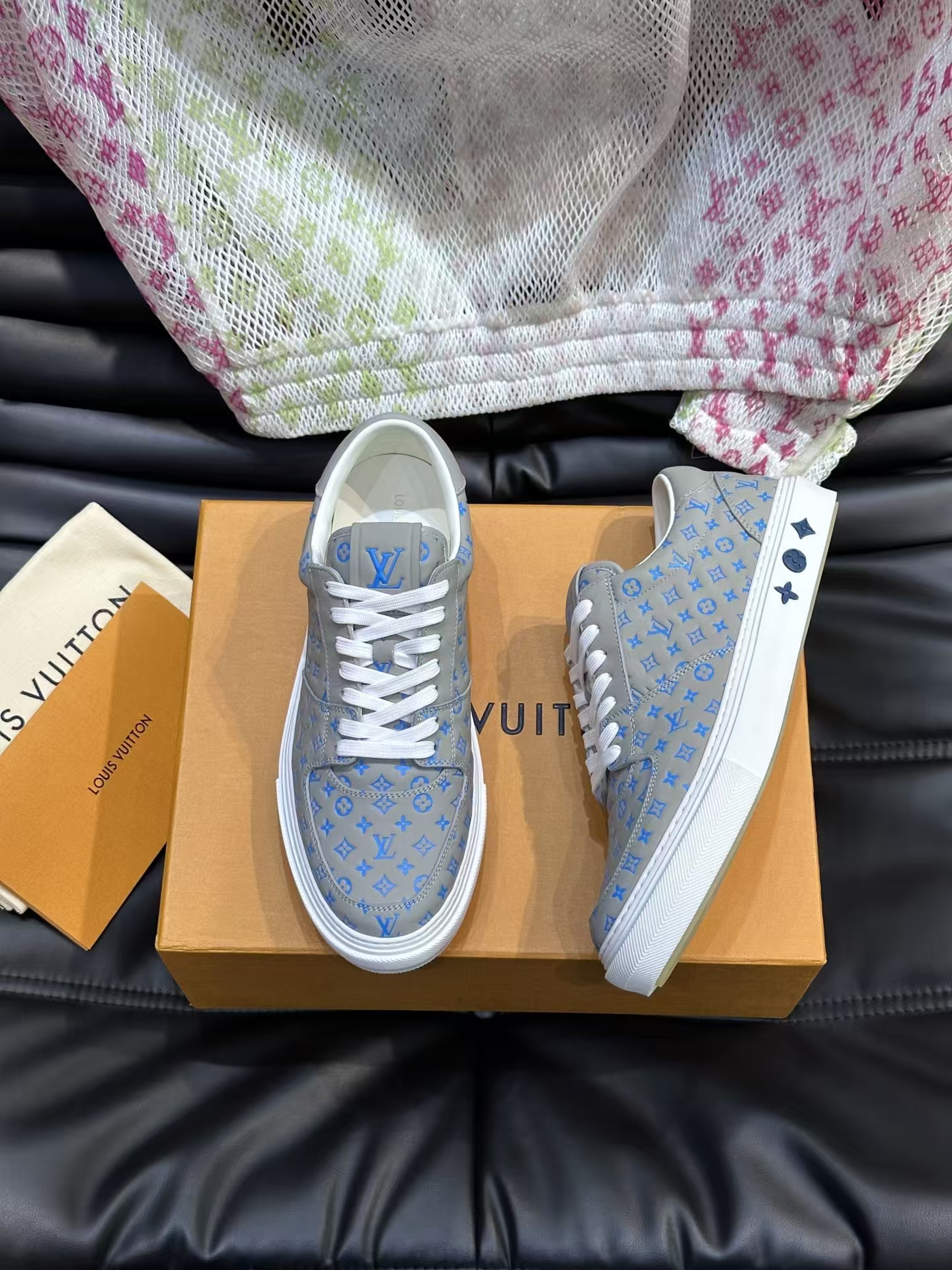 Louis Vuitton Monogram Men's Khaki & Blue Casual Sneaker | Leather Athletic Shoe