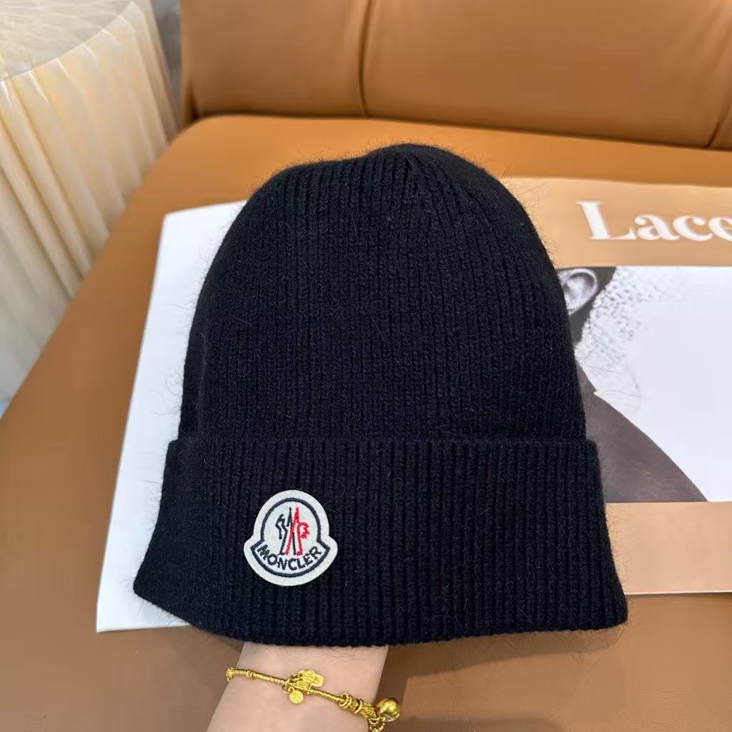 Moncler Black Wool Rib Knit Beanie with Logo Men's