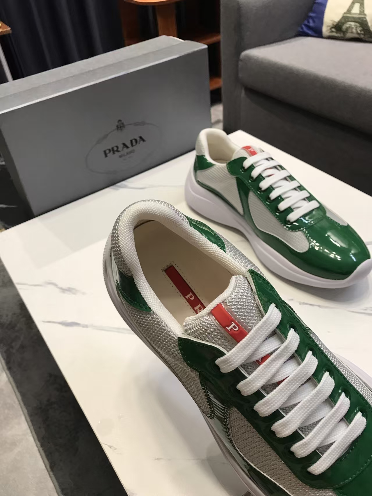Prada Men's White & Green Patent Leather & Mesh Sneaker | Fresh Sport Luxe Shoe