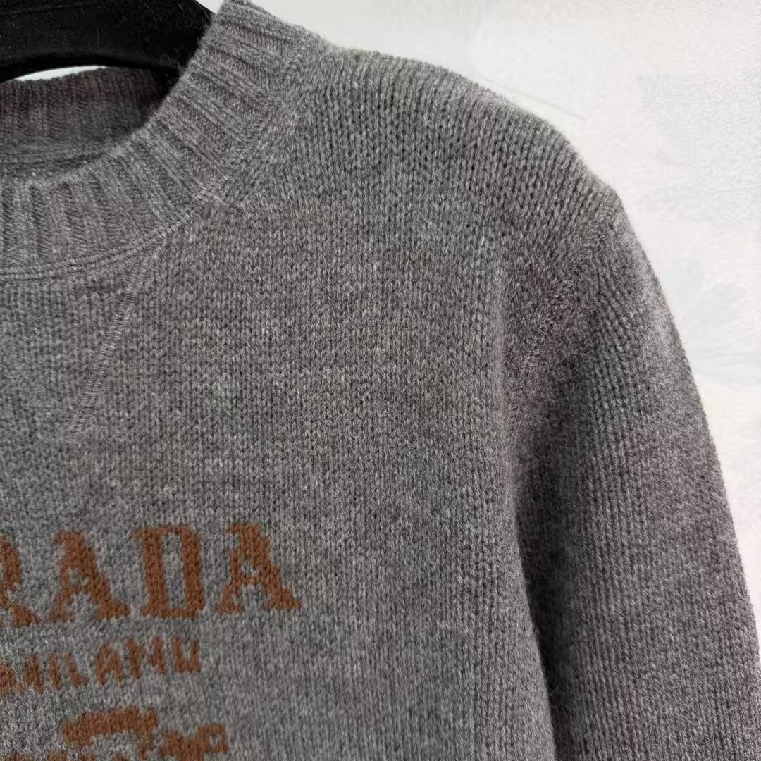 Prada Slate Grey Cashmere & Wool Sweater | Intarsia Logo & Minimalist Men's Fit