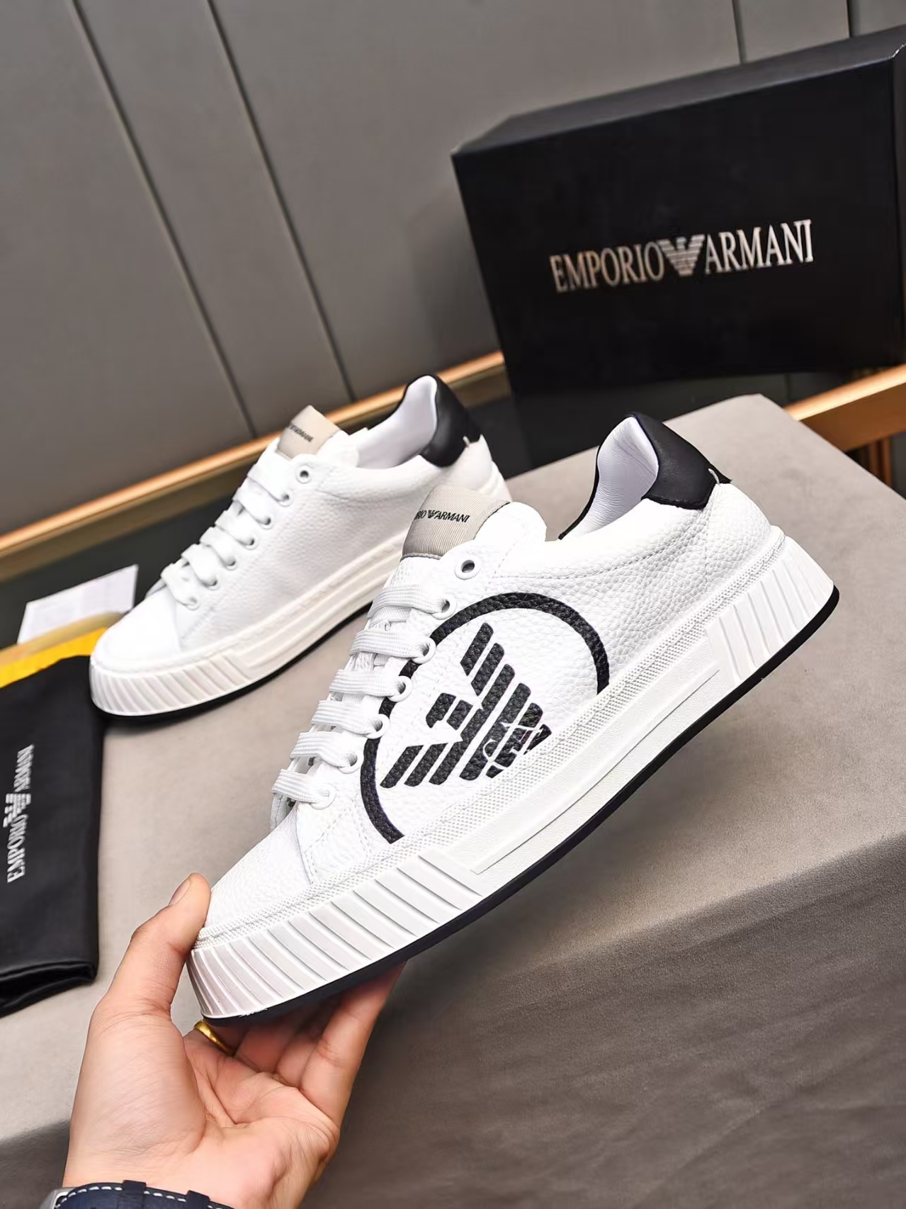 Emporio Armani White & Black Calfskin Casual Sneaker | Modern Leather Athletic Shoe