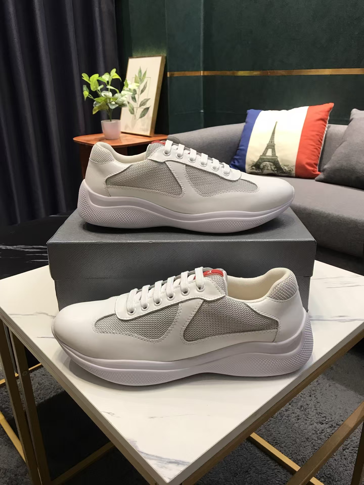 Prada Men's White & Beige Patent Leather & Mesh Sneaker | Lightweight Sport Luxe Shoe