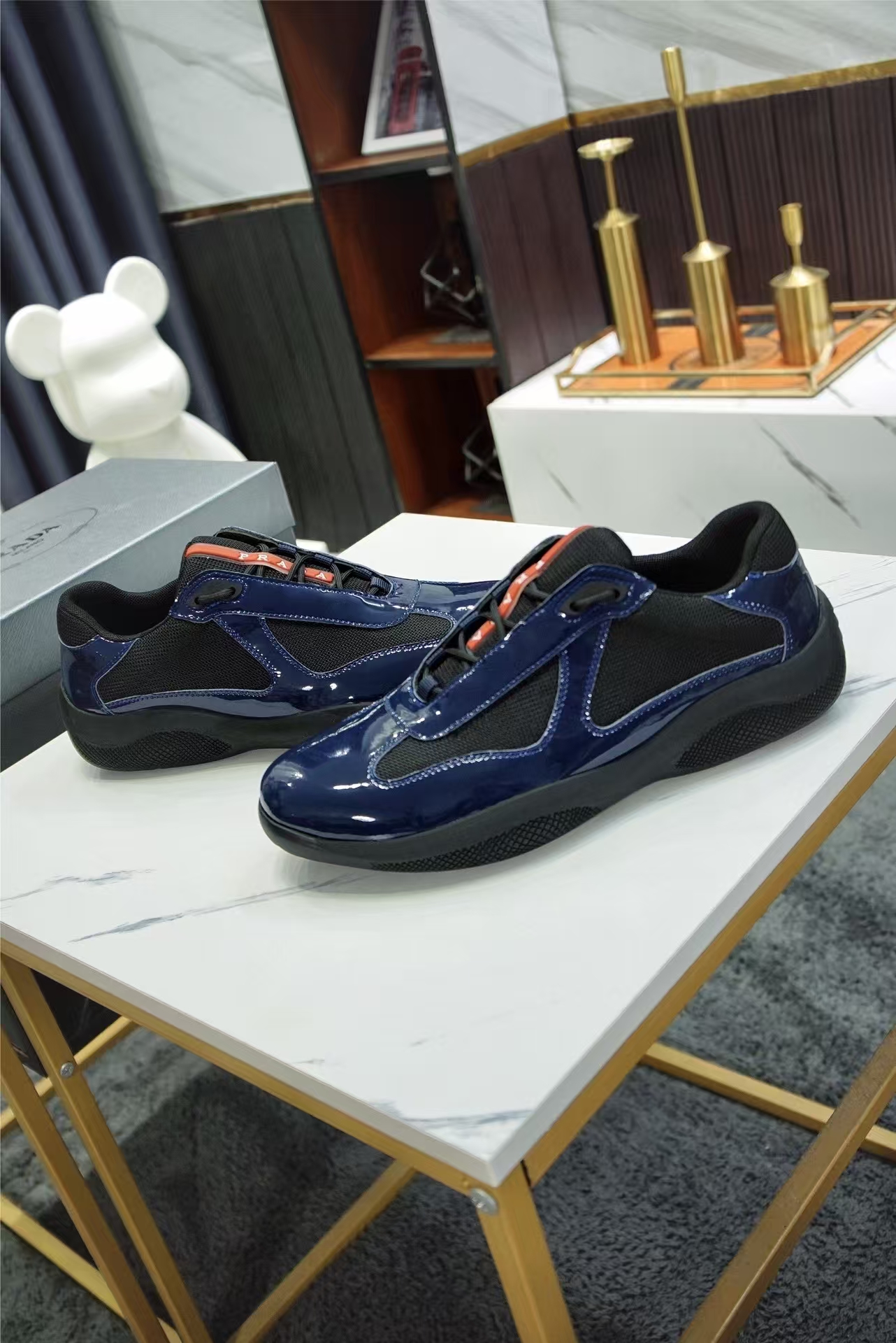 Prada Men's Black & Blue Patent Leather & Mesh Sneaker | Contrast Sport Shoe