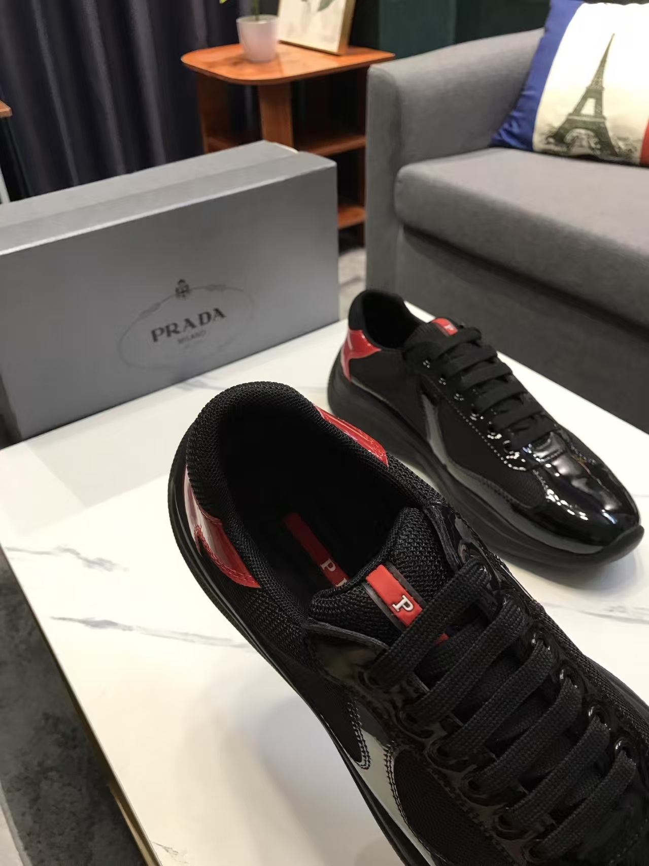 Prada Men's All-Black & Red Patent Leather & Mesh Sneaker | Bold Monochromatic Sport Shoe
