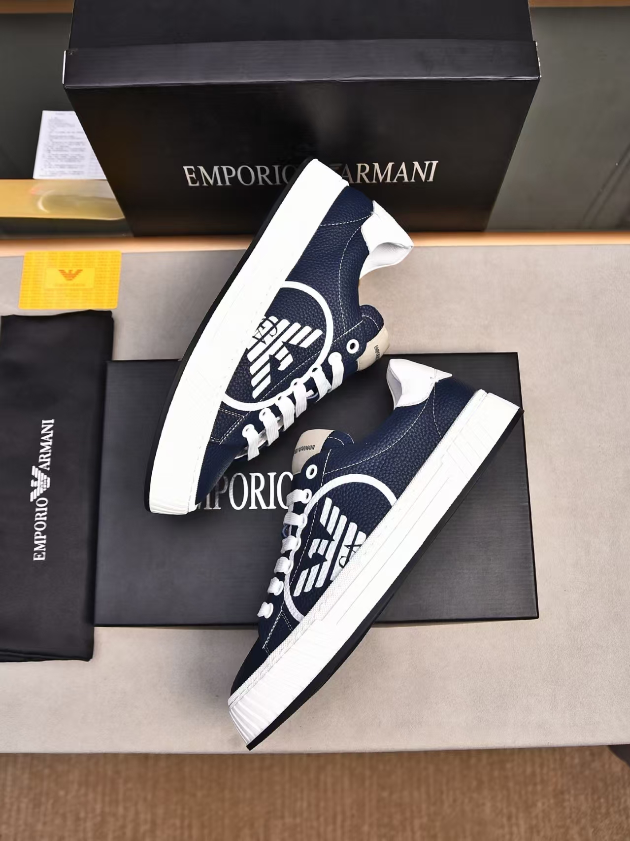 Emporio Armani White Base Navy Calfskin Casual Sneaker | Two-Tone Leather Athletic Shoe