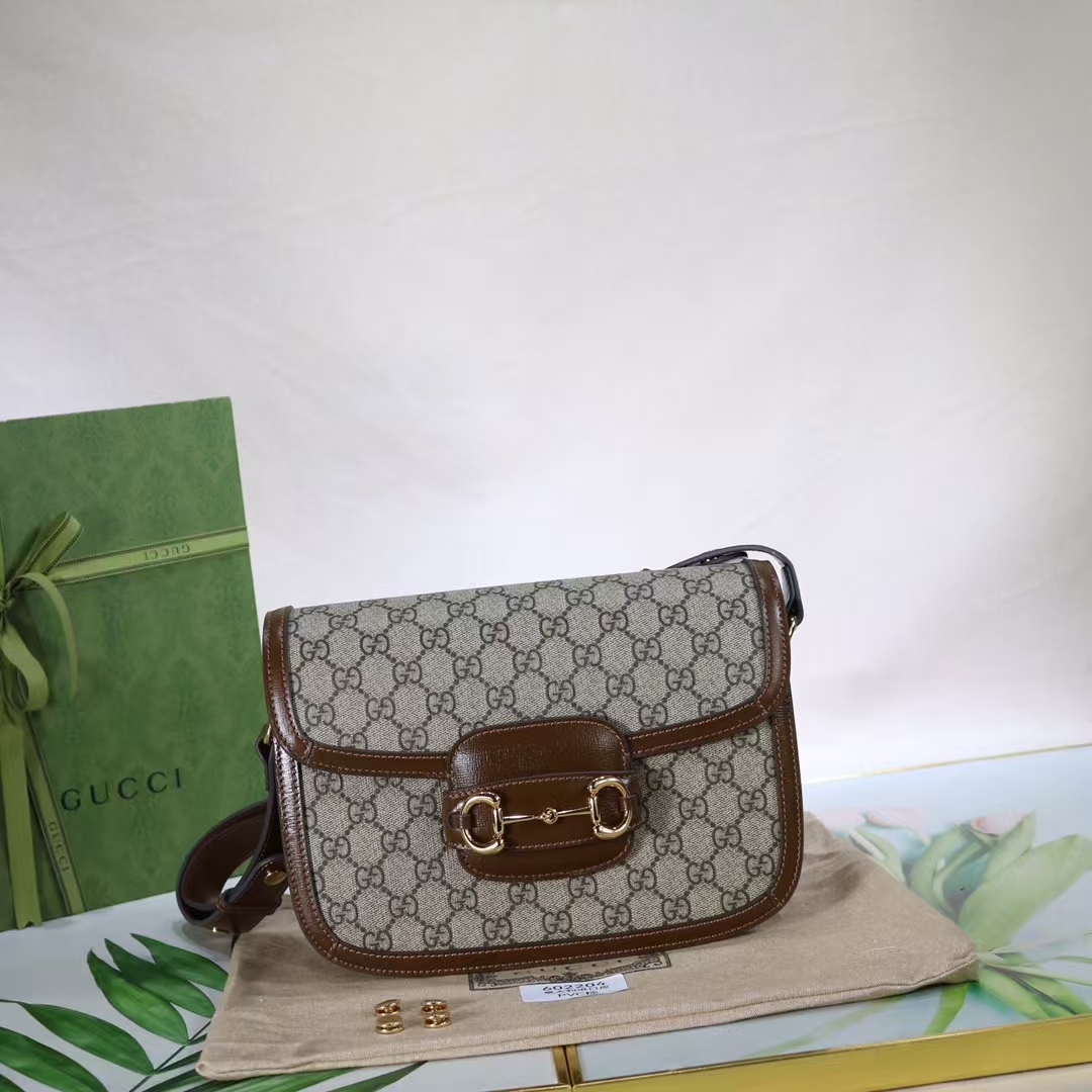 Gucci Horsebit 1955 Medium Shoulder Bag | Beige/Ebony GG Supreme with Brown Leather Trim