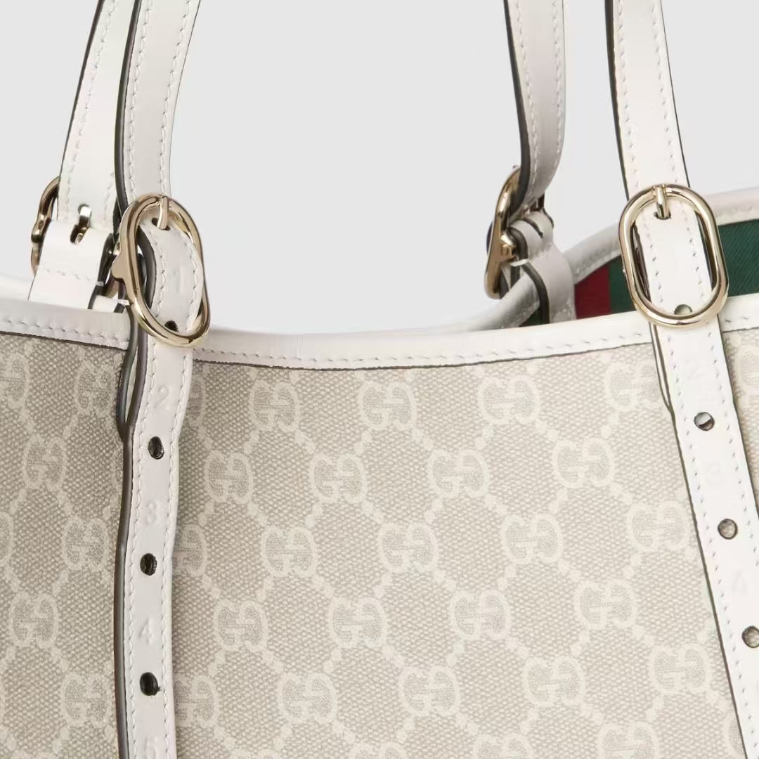 Gucci GG Emblem Large Tote Bag in Beige & White | Monogram Coated Fabric with Adjustable Handle