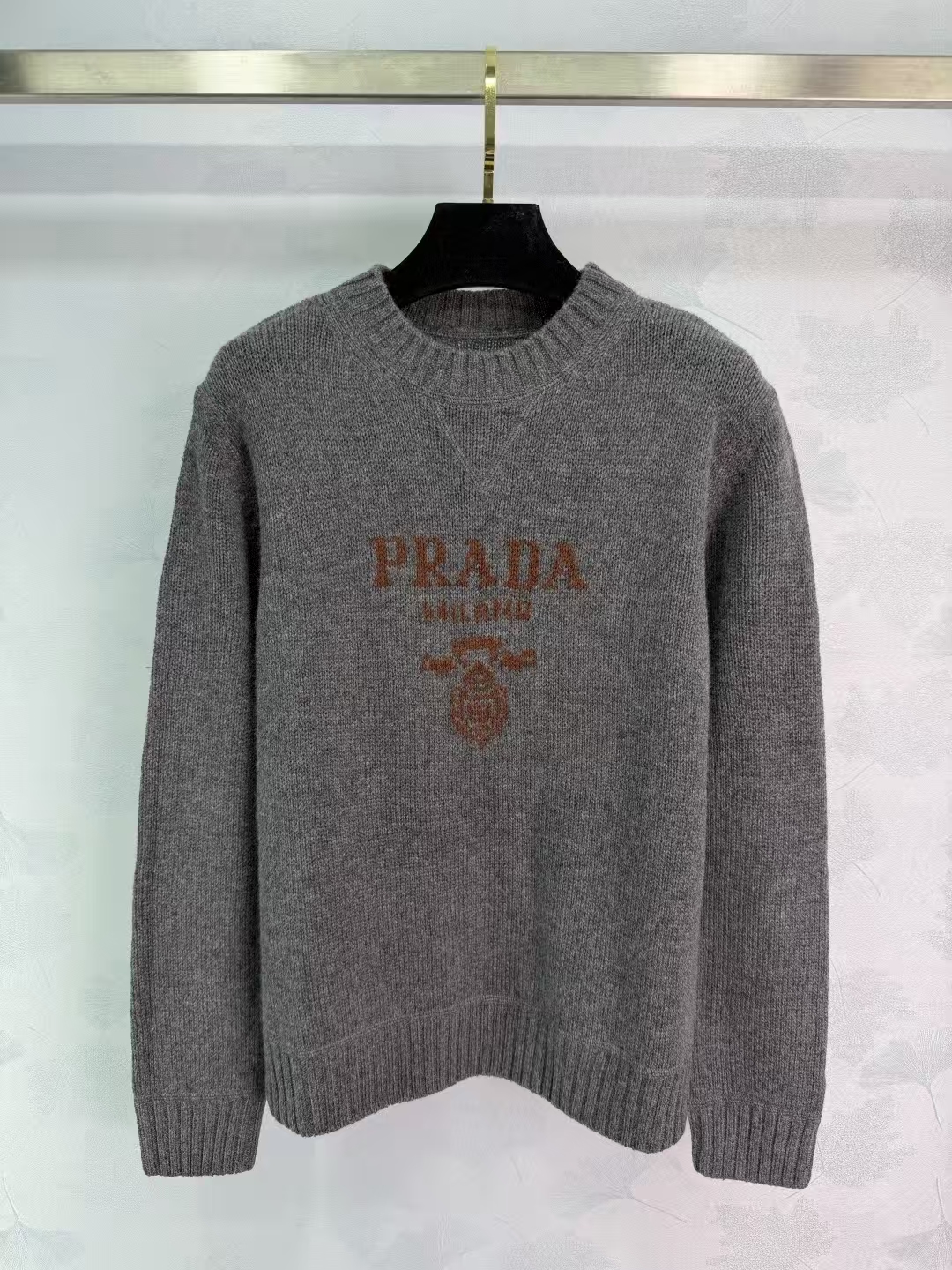 Prada Slate Grey Cashmere & Wool Sweater | Intarsia Logo & Minimalist Men's Fit