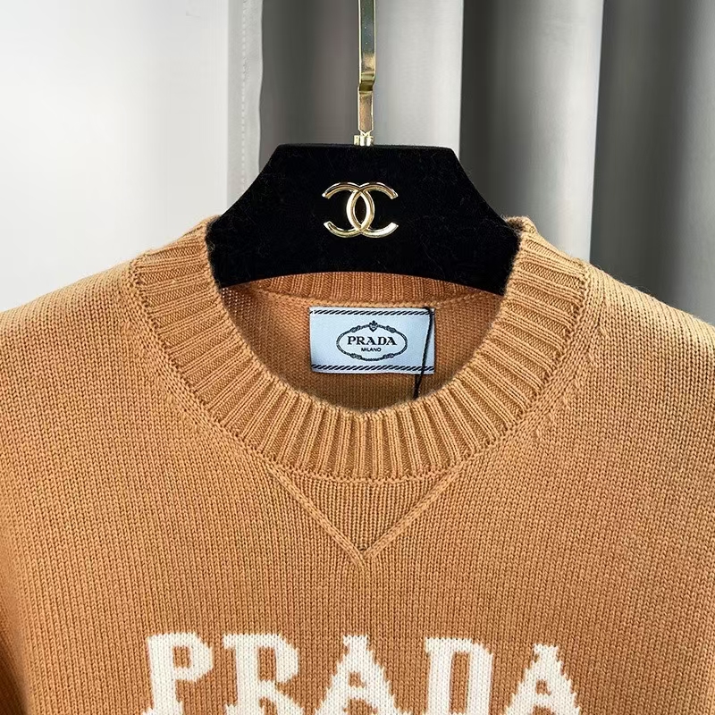 Prada Camel Cashmere & Wool Sweater | Intarsia Logo, Classic Men's Fit