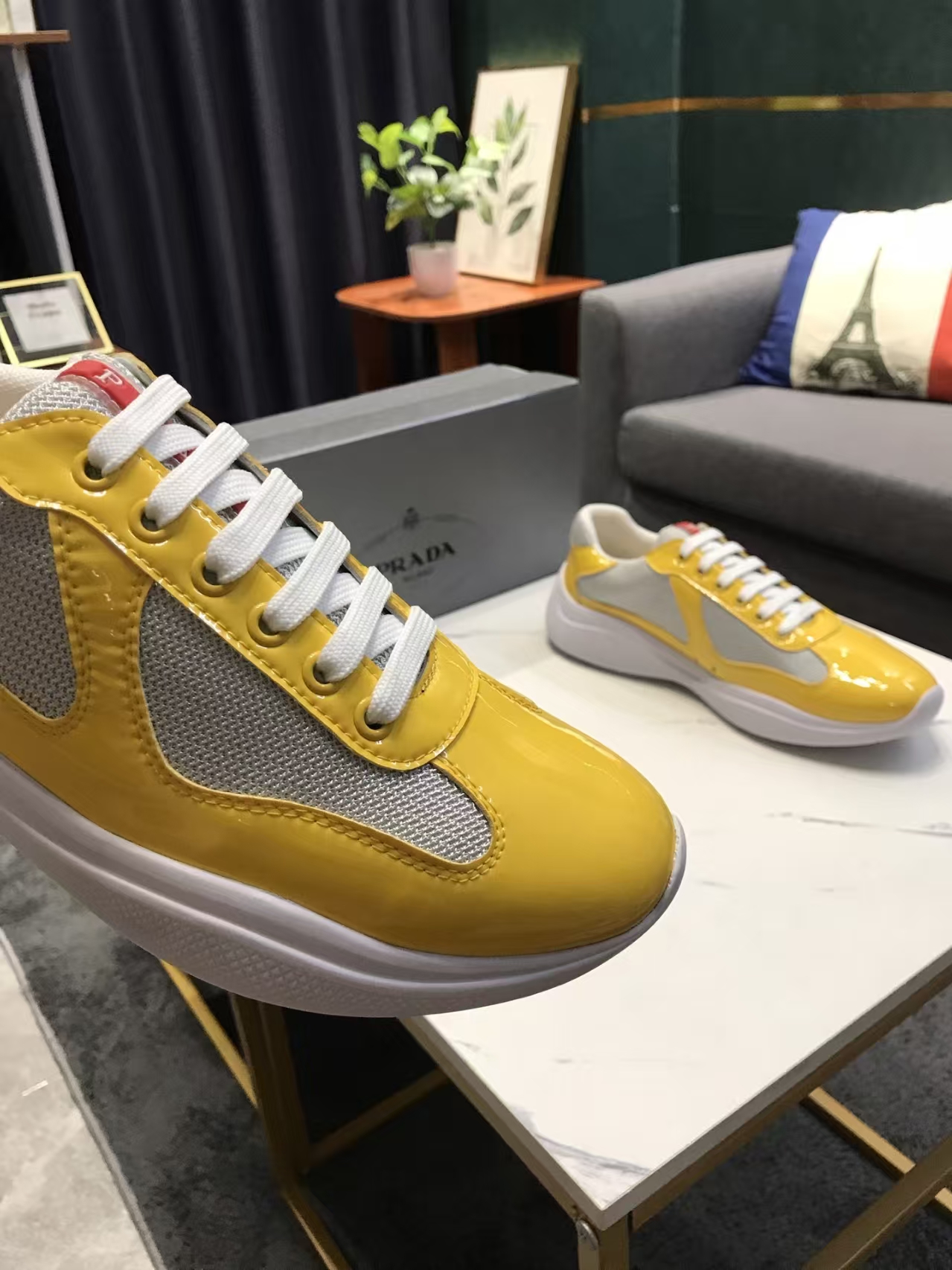 Prada Men's White & Yellow Patent Leather & Mesh Sneaker | Vibrant Sport Luxe Shoe