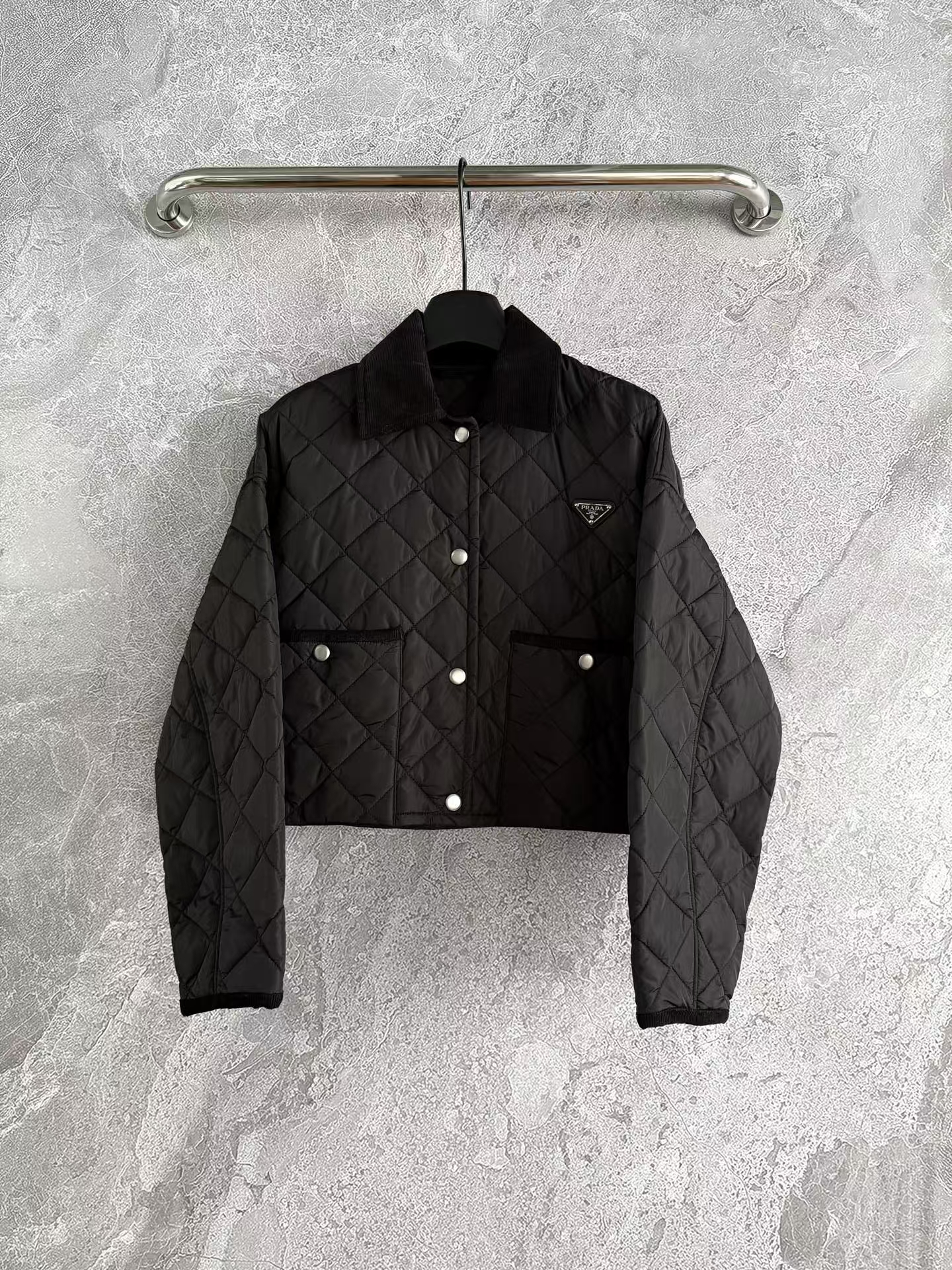 Prada Black Lightweight Re-Nylon Short Jacket - Quilted, Corduroy Trim