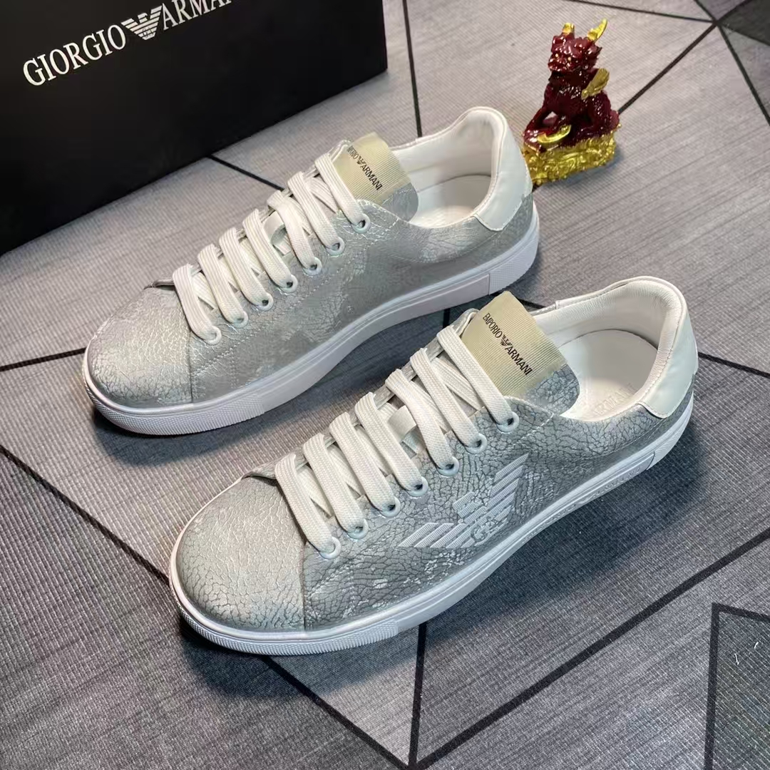 Emporio Armani White Base Silver Calfskin Casual Sneaker | Metallic Two-Tone Leather Athletic Shoe