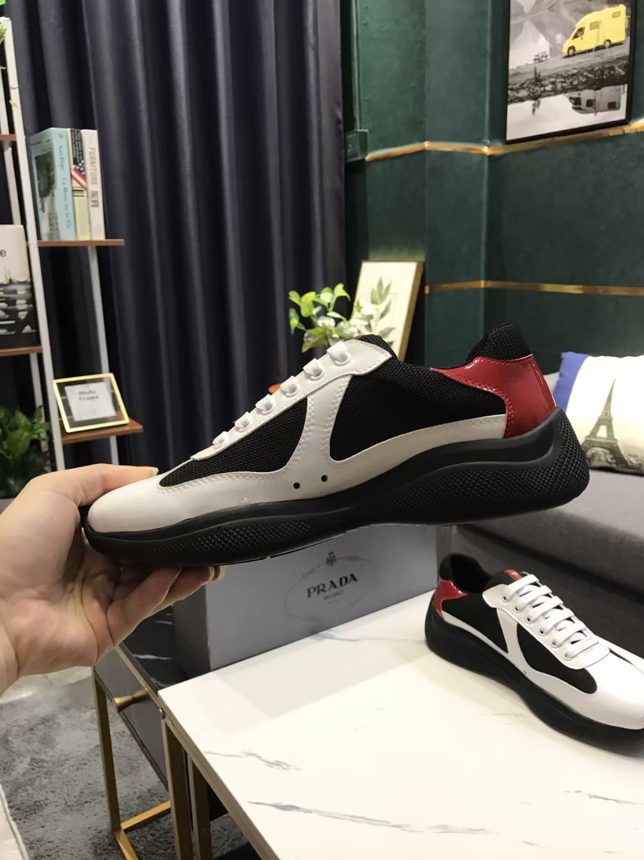 Prada Men's Black, White & Red Patent Leather & Mesh Sneaker | Triple-Color Sport Luxe Shoe