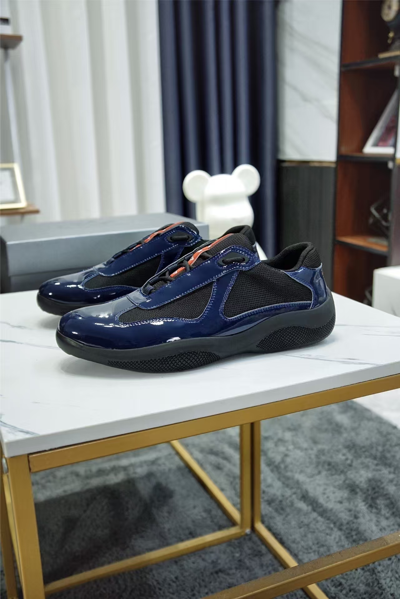 Prada Men's Black & Blue Patent Leather & Mesh Sneaker | Contrast Sport Shoe