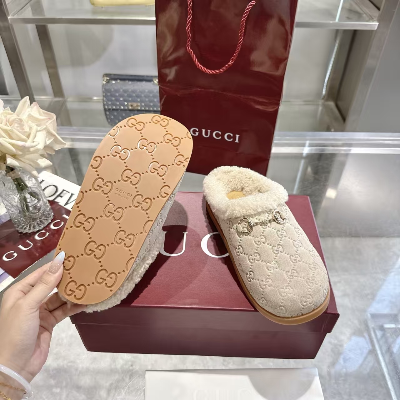 Gucci Women's Fall Winter New Arrival Almond Suede & Wool Slipper | Soft-Touch Indoor Slide