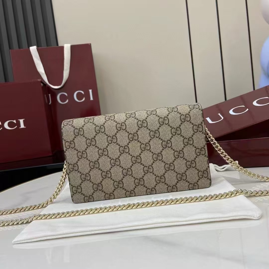 Gucci GG Marmont Two-Tone Chain Wallet | Beige/Brown GG Supreme & Ancora Red Leather