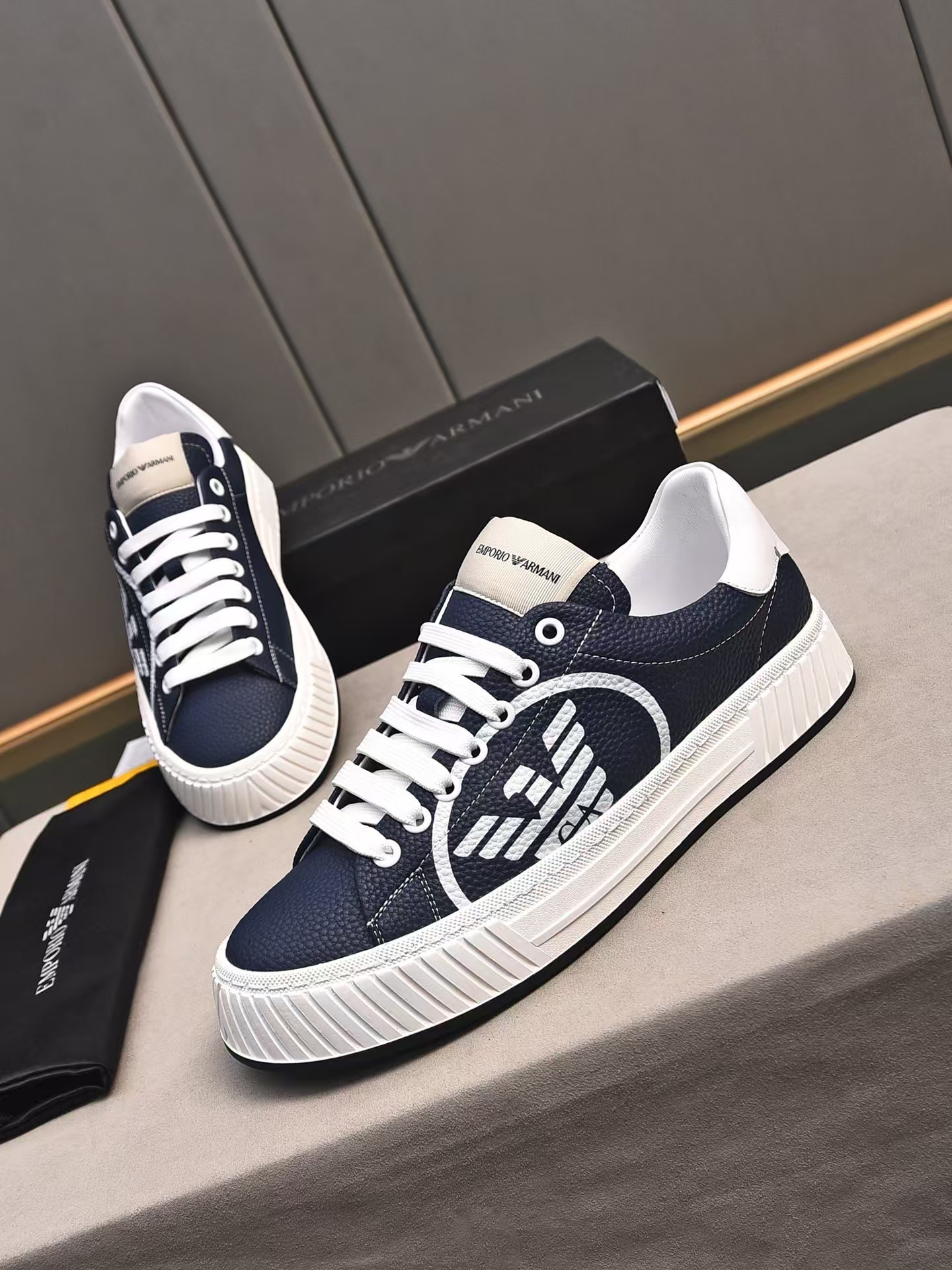 Emporio Armani White Base Navy Calfskin Casual Sneaker | Two-Tone Leather Athletic Shoe