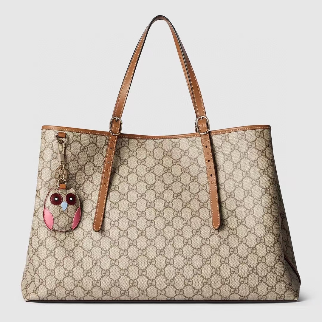 Gucci GG Emblem Large Tote Bag in Beige & Dark Brown | Monogram Coated Fabric with Adjustable Handle
