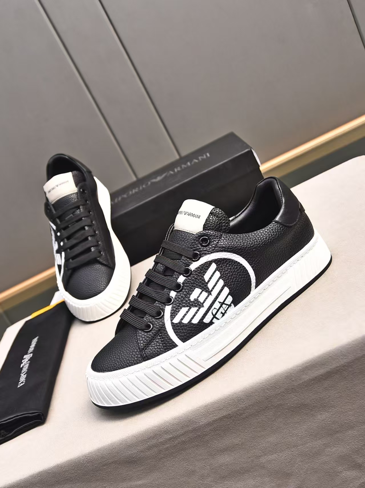 Emporio Armani White Base Black Calfskin Casual Sneaker | Two-Tone Leather Athletic Shoe