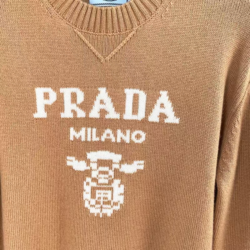 Prada Camel Cashmere & Wool Sweater | Intarsia Logo, Classic Men's Fit