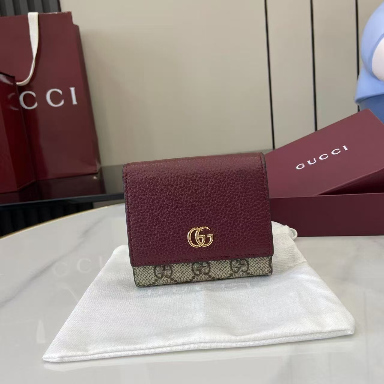 Gucci GG Marmont Two-Tone Mini Wallet | Red Leather & Beige/Brown GG Supreme
