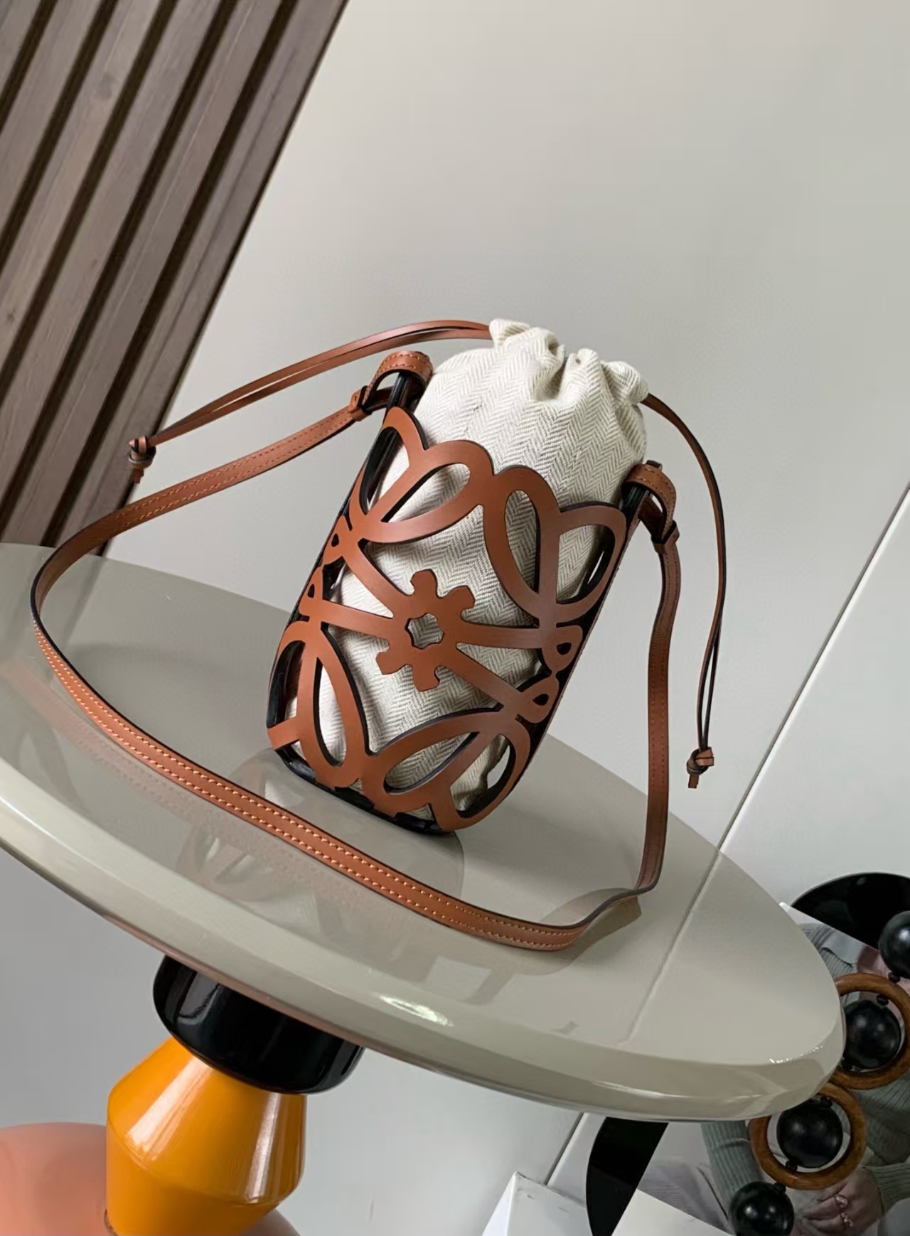 LOEWE Anagram Punchout Bucket Bag in Calfskin and Canvas