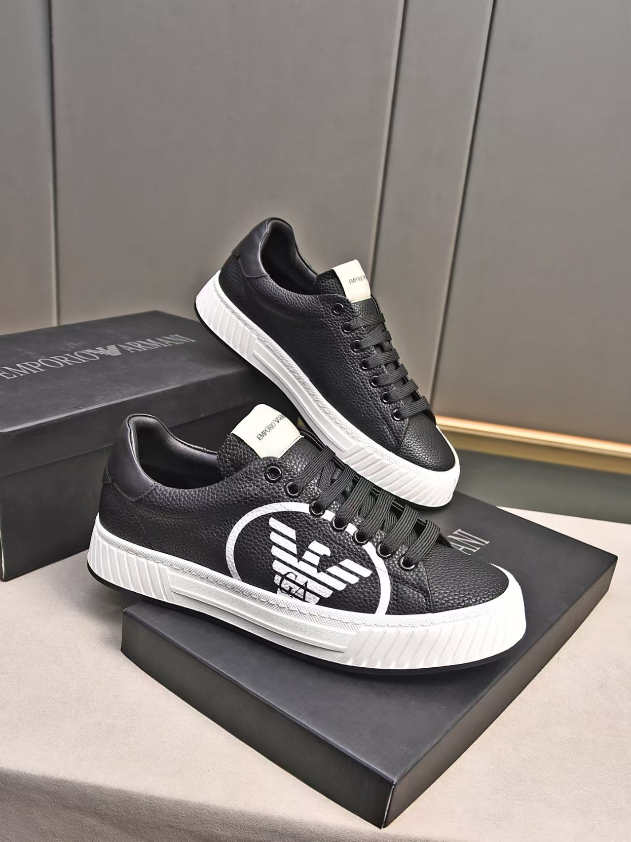 Emporio Armani White Base Black Calfskin Casual Sneaker | Two-Tone Leather Athletic Shoe